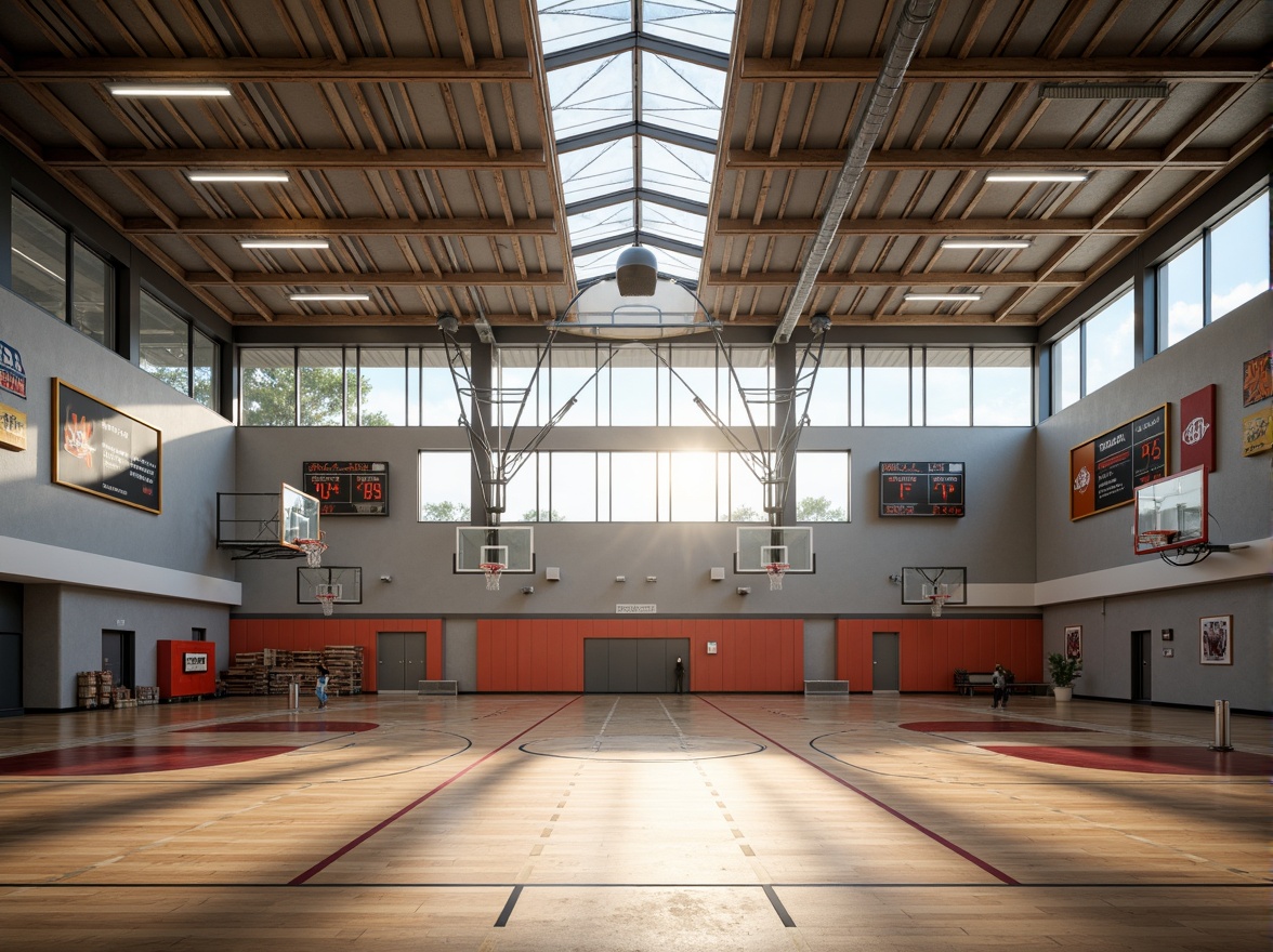 Prompt: Modern gymnasium interior, high ceilings, exposed ductwork, polished wood floors, athletic equipment, basketball hoops, scoreboards, bleachers, natural light pouring in through clerestory windows, bright overhead lighting, warm color temperatures, LED strips, indirect ambient lighting, dynamic shadows, realistic reflections, 1/1 composition, shallow depth of field, soft focus effect.