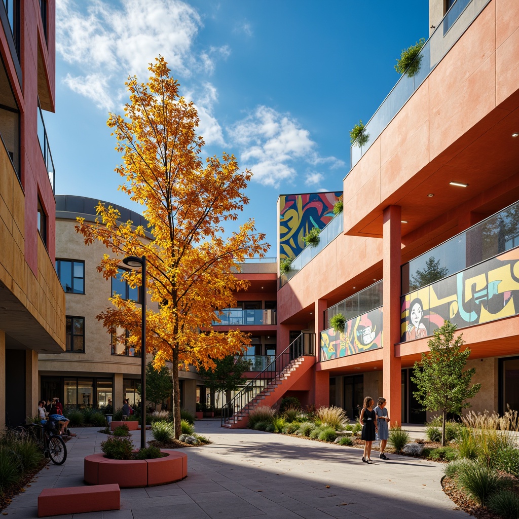 Prompt: Vibrant youth center, dynamic constructivist architecture, bold geometric shapes, primary color scheme, exposed concrete walls, metallic accents, industrial-style lighting, abstract murals, graphic patterns, asymmetrical compositions, cantilevered rooflines, angular balconies, urban cityscape, sunny afternoon, dramatic shadows, high-contrast photography, 2/3 composition, wide-angle lens, gritty textures, atmospheric mist.