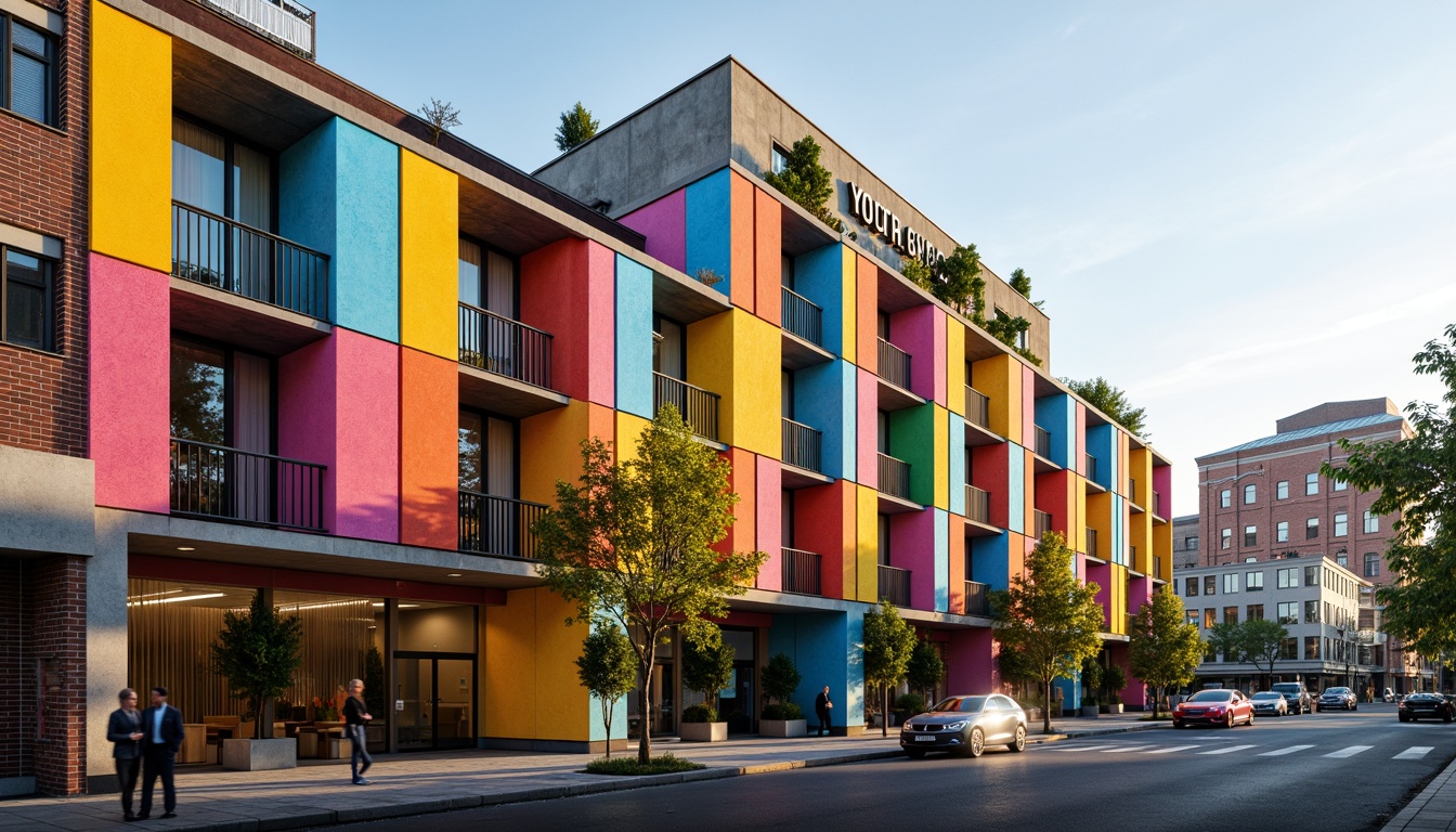 Prompt: Vibrant youth center facade, bold constructivist architecture, geometric shapes, bright primary colors, irregular patterns, industrial materials, exposed brick walls, metal beams, concrete columns, angular windows, cantilevered roofs, dynamic lighting effects, urban cityscape, bustling streets, morning sunlight, shallow depth of field, 1/1 composition, realistic textures, ambient occlusion.