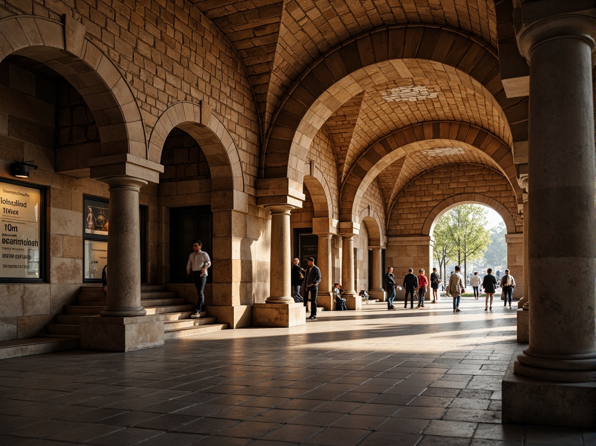 Prompt: Rustic metro station, Romanesque style, stone masonry walls, arches, vaulted ceilings, grand entrance halls, ornate columns, intricate carvings, earthy tones, warm lighting, rough-hewn stone textures, historic architectural details, underground tunnels, modern transportation systems, busy urban environments, morning rush hour atmosphere, soft focus, shallow depth of field, 2/3 composition.