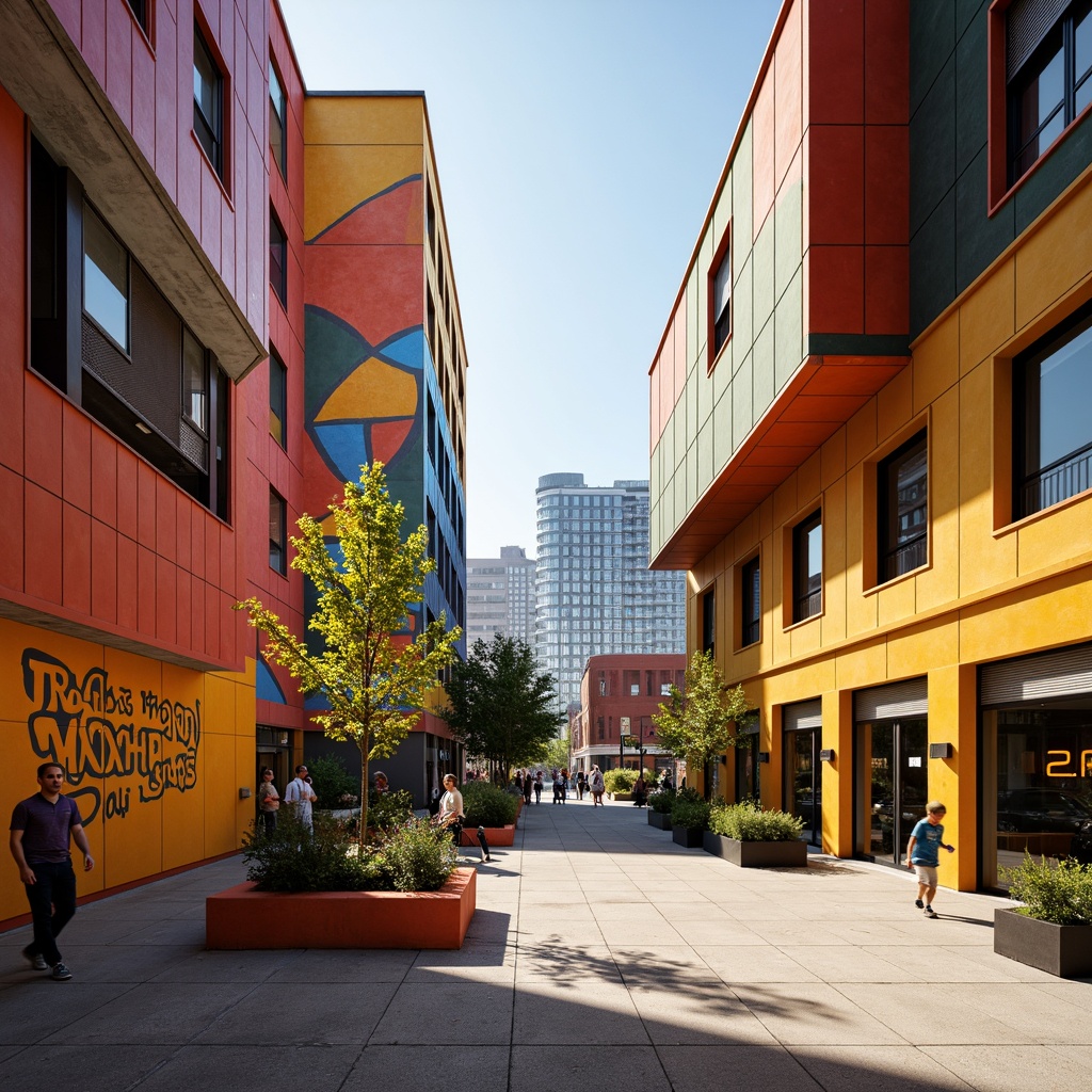 Prompt: Vibrant youth center, constructivist architecture, bold geometric shapes, bright primary colors, industrial materials, exposed ductwork, concrete walls, metal beams, minimalist decor, urban cityscape, afternoon sunlight, dramatic shadows, high contrast lighting, 1/2 composition, abstract textures, stylized patterns, graffiti-inspired murals, dynamic angles, cantilevered roofs, angular windows, functional simplicity.