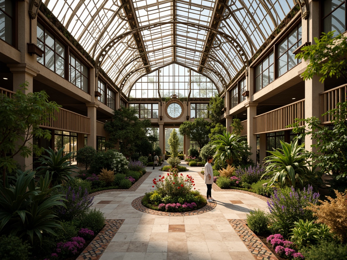 Prompt: Luxurious greenhouse, ornate metal framework, opulent glass panels, lush tropical plants, exotic flowers, natural stone flooring, polished marble accents, intricate geometric patterns, vibrant colorful tiles, metallic leaf-shaped decorations, lavish drapery, soft warm lighting, shallow depth of field, 1/1 composition, realistic textures, ambient occlusion.