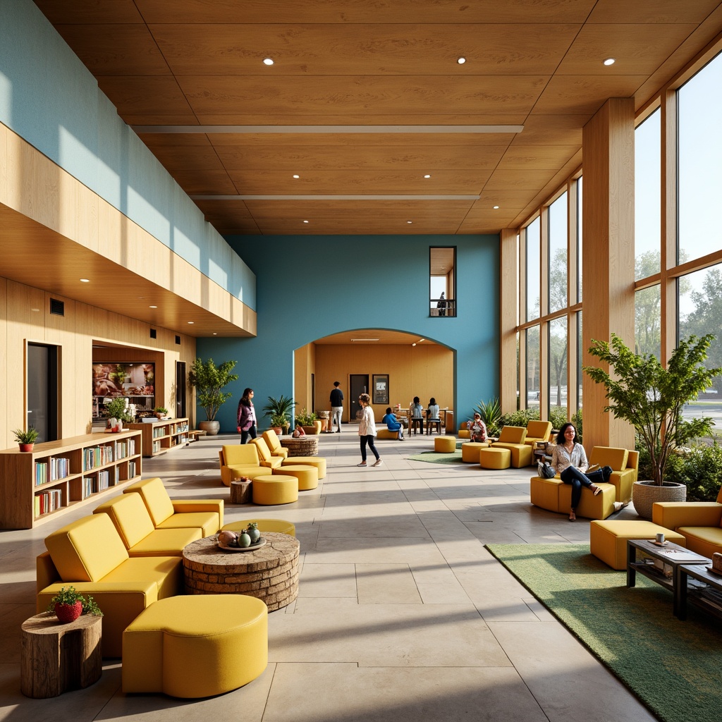 Prompt: Vibrant community center, playful color scheme, warm beige walls, energetic blue accents, inviting yellow furniture, natural wood textures, earthy brown tones, cozy reading nooks, comfortable seating areas, spacious open floors, large windows, abundant natural light, soft warm lighting, shallow depth of field, 3/4 composition, realistic textures, ambient occlusion.