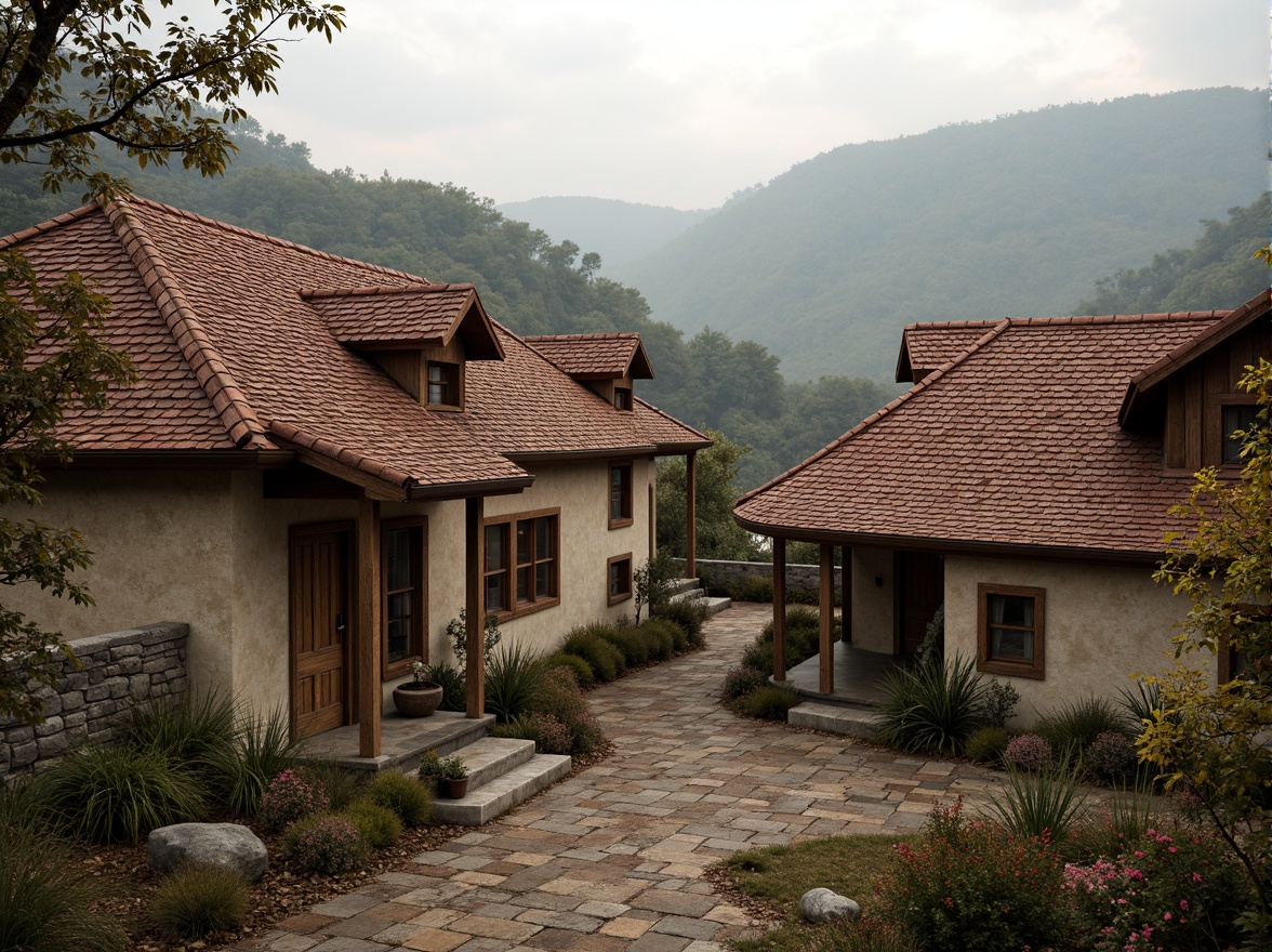 Prompt: Rustic rural homes, pitched roofs, wooden shingles, terra cotta tiles, curved dormers, ornate gables, natural stone walls, earthy color palette, weathered wood accents, overhanging eaves, decorative trusses, asymmetrical facades, traditional craftsmanship, regional materials, sloping landscapes, misty morning light, soft warm atmosphere, 1/2 composition, intimate focus, earthy textures, atmospheric perspective.