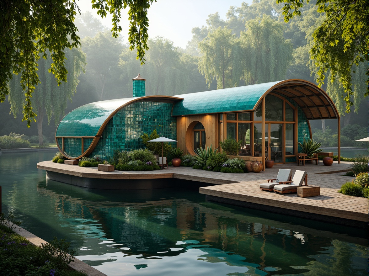 Prompt: Art Nouveau boathouse, curved lines, organic forms, iridescent glass tiles, turquoise accents, brass fixtures, ornate metalwork, wooden dock, rippling water reflections, lush greenery, overhanging willows, misty morning atmosphere, soft warm lighting, shallow depth of field, 1/1 composition, symmetrical framing, vibrant color palette, organic textures, ambient occlusion.