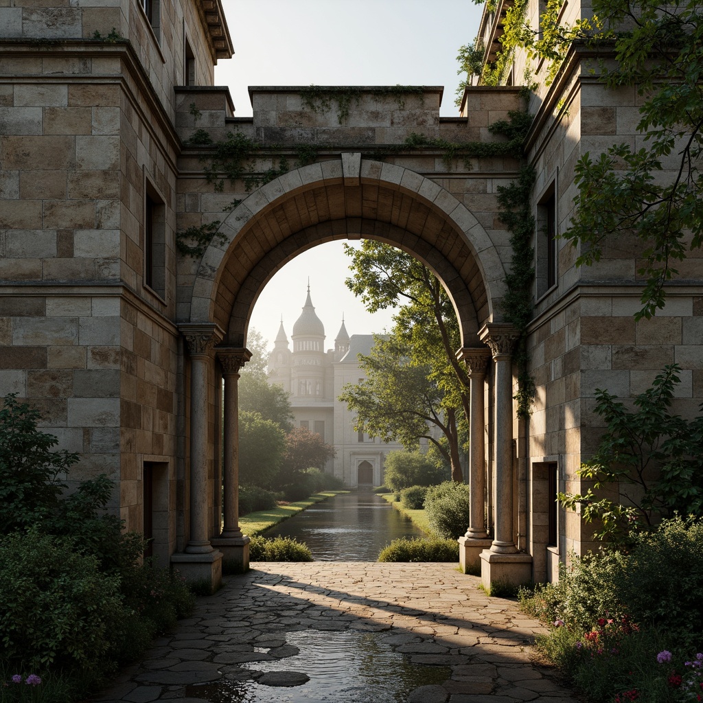 Prompt: Rustic stone arches, robust pillars, ornate carvings, Gothic-inspired spandrels, weathered masonry, ivy-covered walls, serene riverbanks, misty mornings, warm soft lighting, shallow depth of field, 1/1 composition, realistic textures, ambient occlusion, moss-covered stonework, medieval architectural style, semi-circular arches, ribbed vaults, grand entranceways, imposing towers, fortified gatehouses.