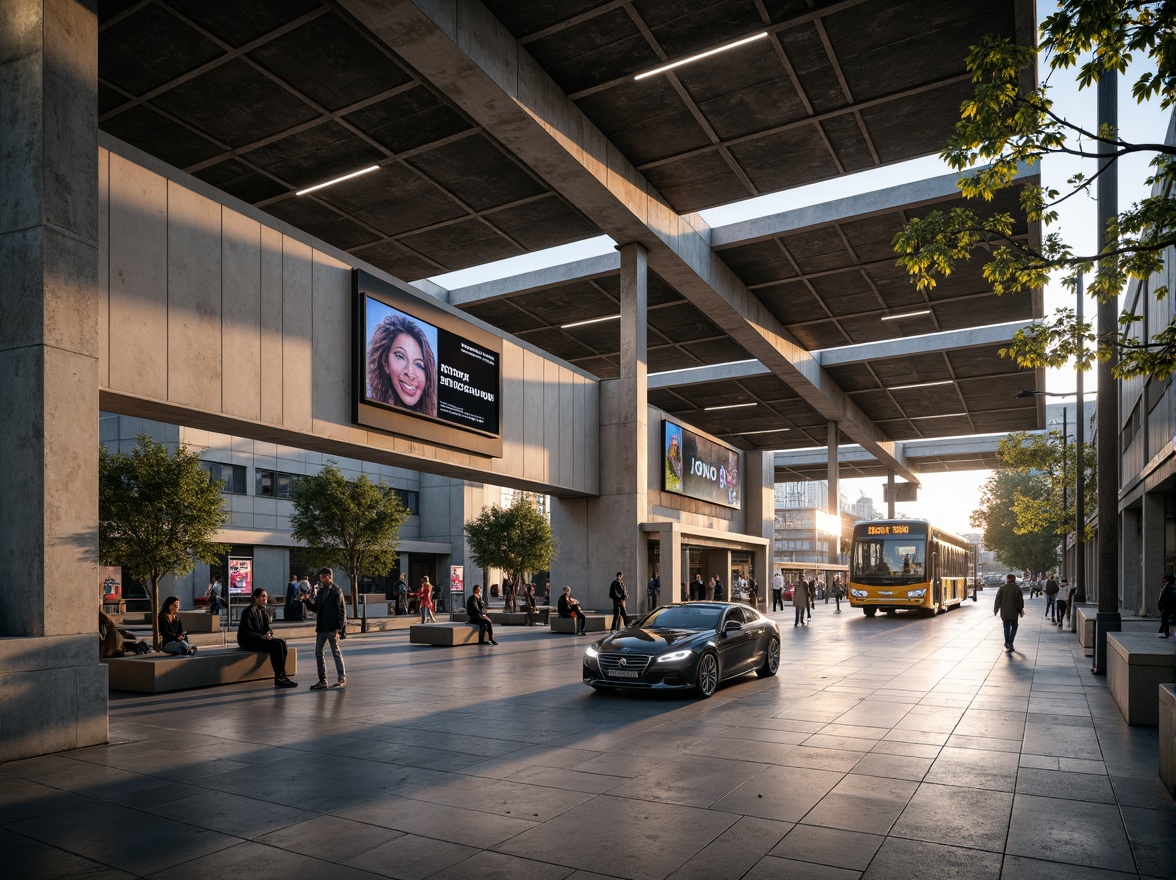 Prompt: Rustic bus terminal, exposed concrete walls, steel beams, industrial-style lighting, sleek glass fa\u00e7ade, cantilevered roofs, minimalist benches, real-time digital displays, modern signage systems, vibrant urban artwork, bustling cityscape, morning rush hour, soft natural light, shallow depth of field, 1/2 composition, realistic textures, ambient occlusion.