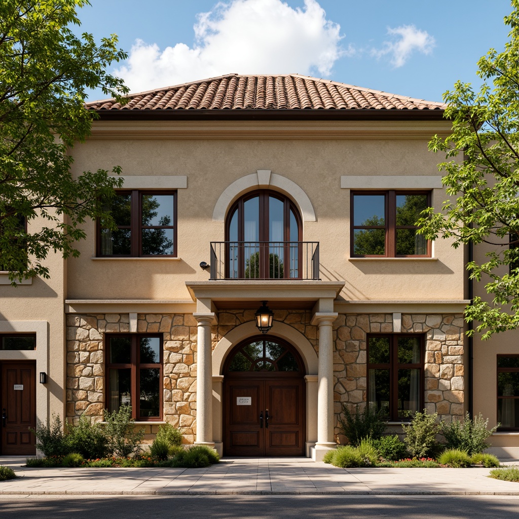 Prompt: Rustic regional bank building, earthy tone facade, stone wall cladding, wooden accents, ornate metalwork, traditional roofing tiles, grand entrance archway, Doric column details, warm beige stonework, verdant greenery, mature trees, sunny afternoon, soft natural lighting, shallow depth of field, 2/3 composition, symmetric framing, realistic textures, ambient occlusion.