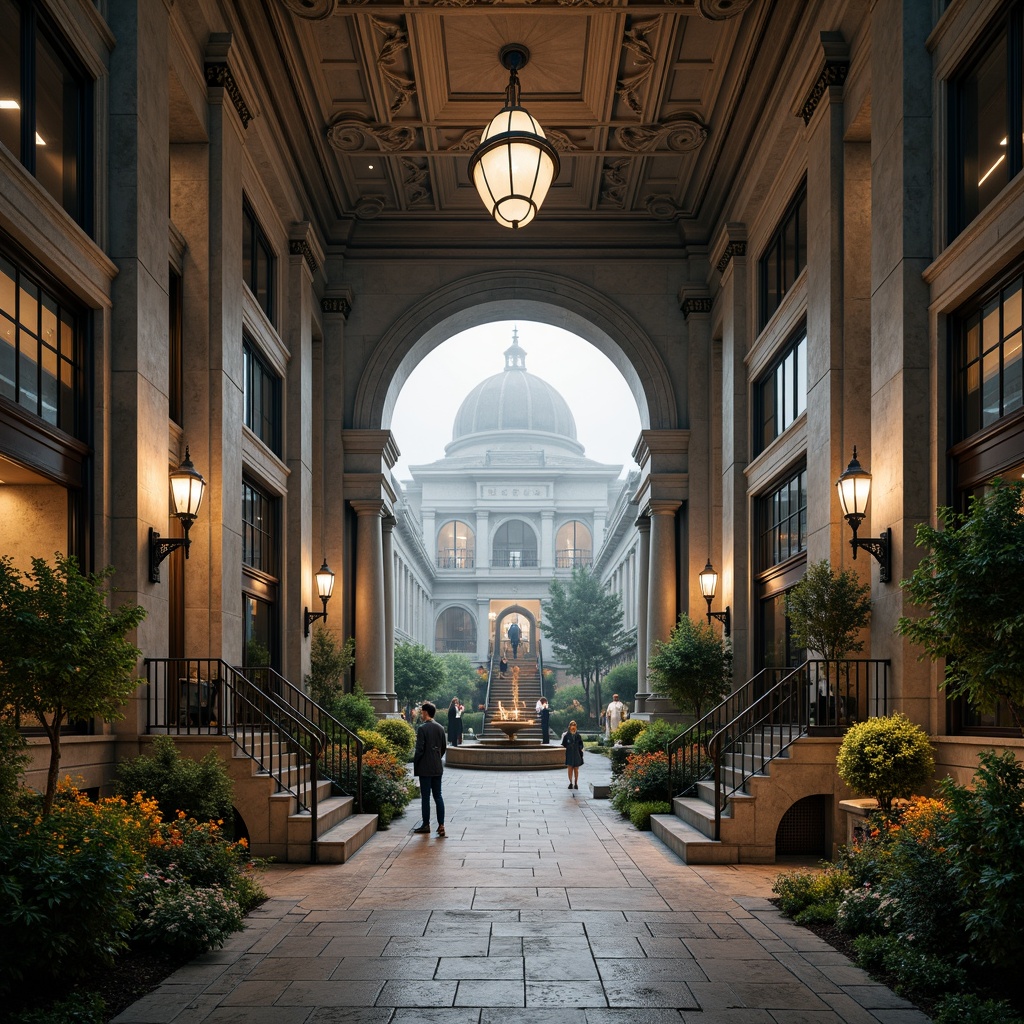 Prompt: Grandiose metro station entrance, Romanesque arches, ornate columns, intricate stone carvings, lush greenery, vibrant flowers, majestic fountains, elegant lanterns, rustic stone walls, weathered bronze doors, grand staircases, high ceilings, dramatic lighting, misty atmosphere, 1/2 composition, close-up shots, realistic textures, ambient occlusion.