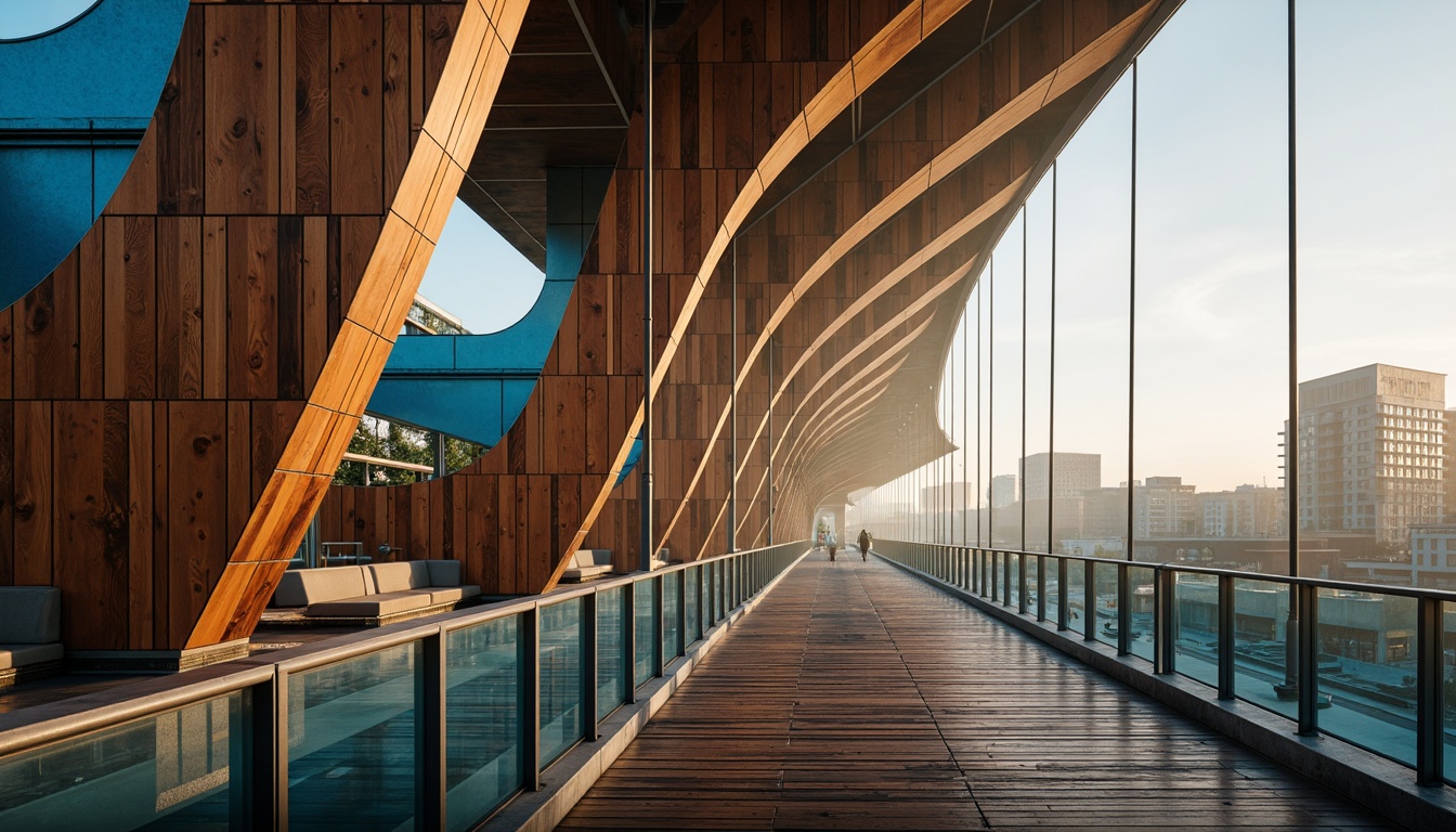 Prompt: Vibrant bridge structure, bold arches, dynamic curves, warm golden lighting, rich brown wooden accents, cool blue steel beams, modern minimalist railings, sleek glass pedestrian walkways, urban cityscape, misty atmospheric effects, soft morning sunlight, high contrast shadows, cinematic composition, abstract geometric patterns, muted earthy tones, industrial metallic textures.