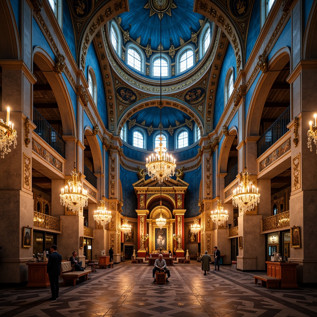 Prompt: Byzantine church interior, azure domes, golden accents, intricate mosaics, ornate stone carvings, lavish chandeliers, rich tapestries, grand archways, regal thrones, mystical icons, soft warm lighting, dramatic shadows, 1/1 composition, symmetrical framing, realistic textures, ambient occlusion, subtle depth of field.