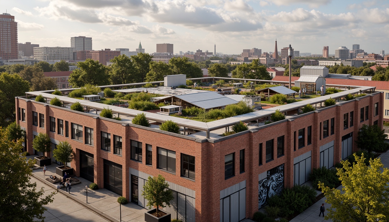 Prompt: Industrial warehouse building, exposed brick facade, corrugated metal roof, green rooftop garden, lush vegetation, natural stone walls, reclaimed wood accents, large skylights, clerestory windows, rustic metal doors, worn concrete floors, distressed finishes, eclectic decorative elements, vibrant street art, urban landscape views, cityscape backdrop, dramatic cloudy sky, warm golden lighting, shallow depth of field, 1/1 composition, realistic textures, ambient occlusion.Please let me know if this meets your requirements!