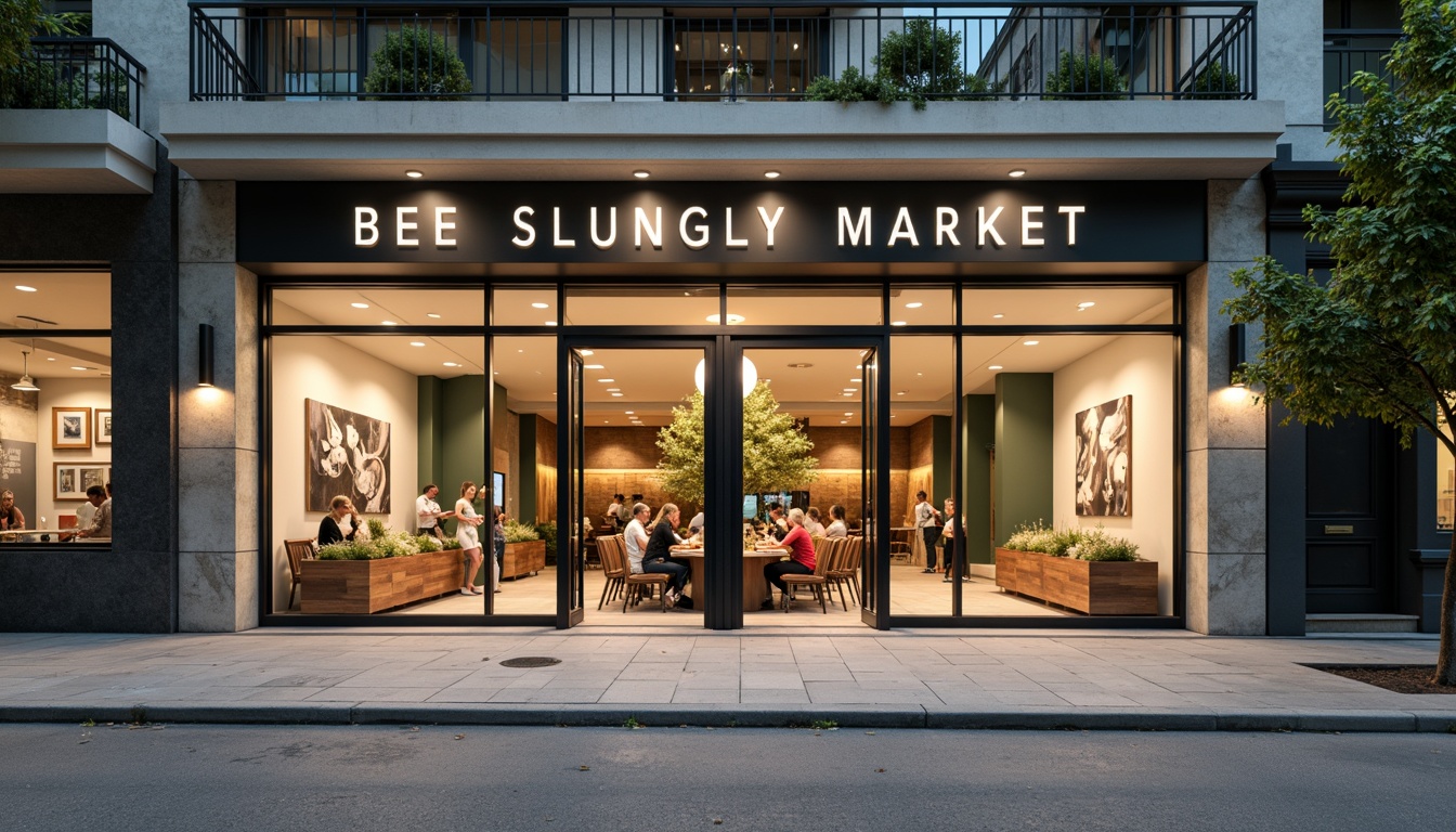 Prompt: Clean minimalist market facade, neutral color palette, large glass windows, metal frames, subtle signage, simple typography, industrial-style lighting, exposed ductwork, polished concrete floors, reclaimed wood accents, green walls, natural stone cladding, abstract geometric patterns, modern urban atmosphere, busy street scene, shallow depth of field, 1/1 composition, soft warm lighting, realistic textures.