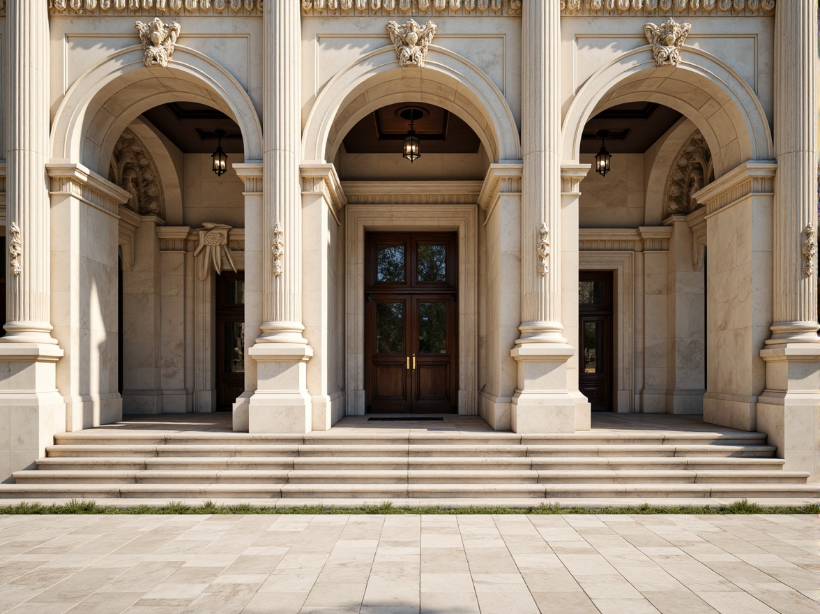 Prompt: Grandiose building facade, ornate columns, classical arches, intricately carved stone details, rusticated base, grand entrance doors, symmetrical composition, balanced proportions, subtle color palette, creamy white marble, soft warm lighting, shallow depth of field, 1/2 composition, realistic textures, ambient occlusion, subtle weathering effects.