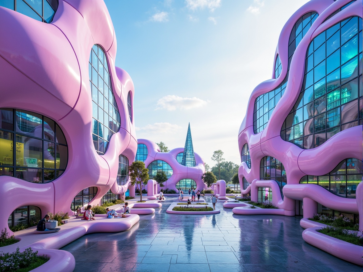 Prompt: Futuristic blob-like buildings, iridescent colors, shimmering effects, neon lights, glossy surfaces, reflective metals, translucent glass, glowing accents, soft pastel hues, electric blue, hot pink, lime green, sunny day, bright warm lighting, shallow depth of field, 1/1 composition, symmetrical view, high-tech architecture, curved lines, organic shapes, space-age ambiance, retro-futuristic vibes, abstract patterns, holographic textures.