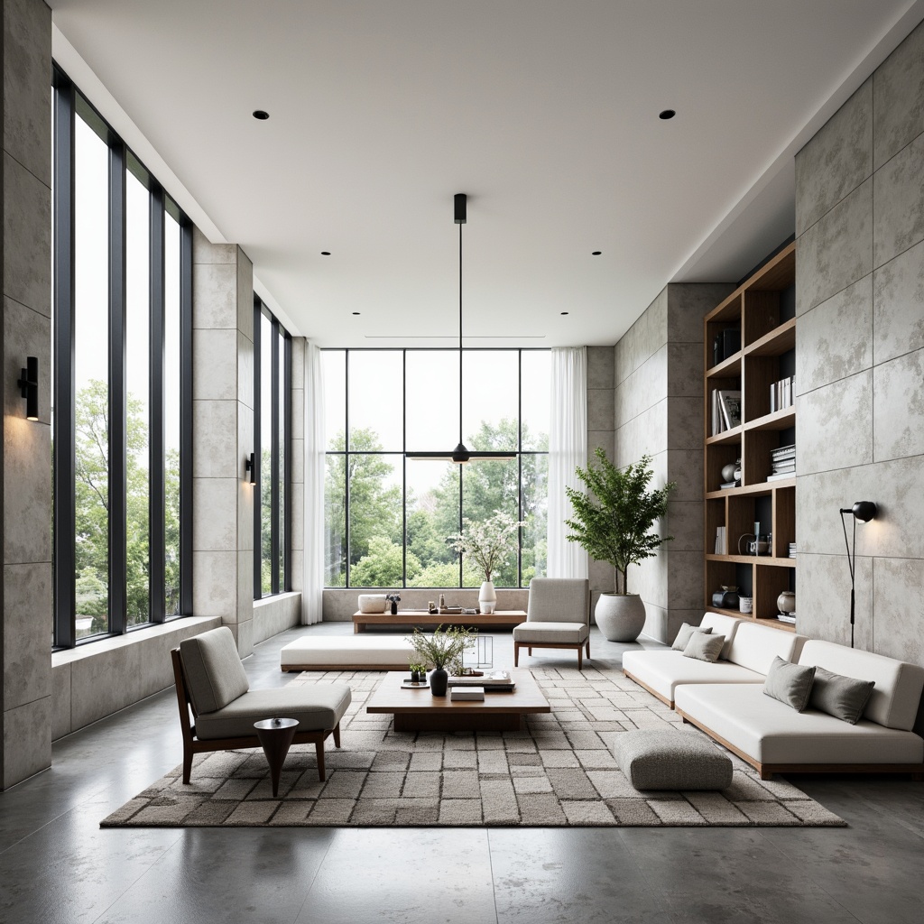 Prompt: Minimalist living room, clean lines, monochromatic color scheme, sleek furniture, low-profile sofas, minimalist coffee tables, geometric-patterned rugs, floor-to-ceiling windows, natural light, airy atmosphere, clutter-free spaces, hidden storage solutions, industrial-chic lighting fixtures, polished concrete floors, textured stone walls, greenery accents, Scandinavian-inspired decor, 1/1 composition, softbox lighting, shallow depth of field, realistic textures.