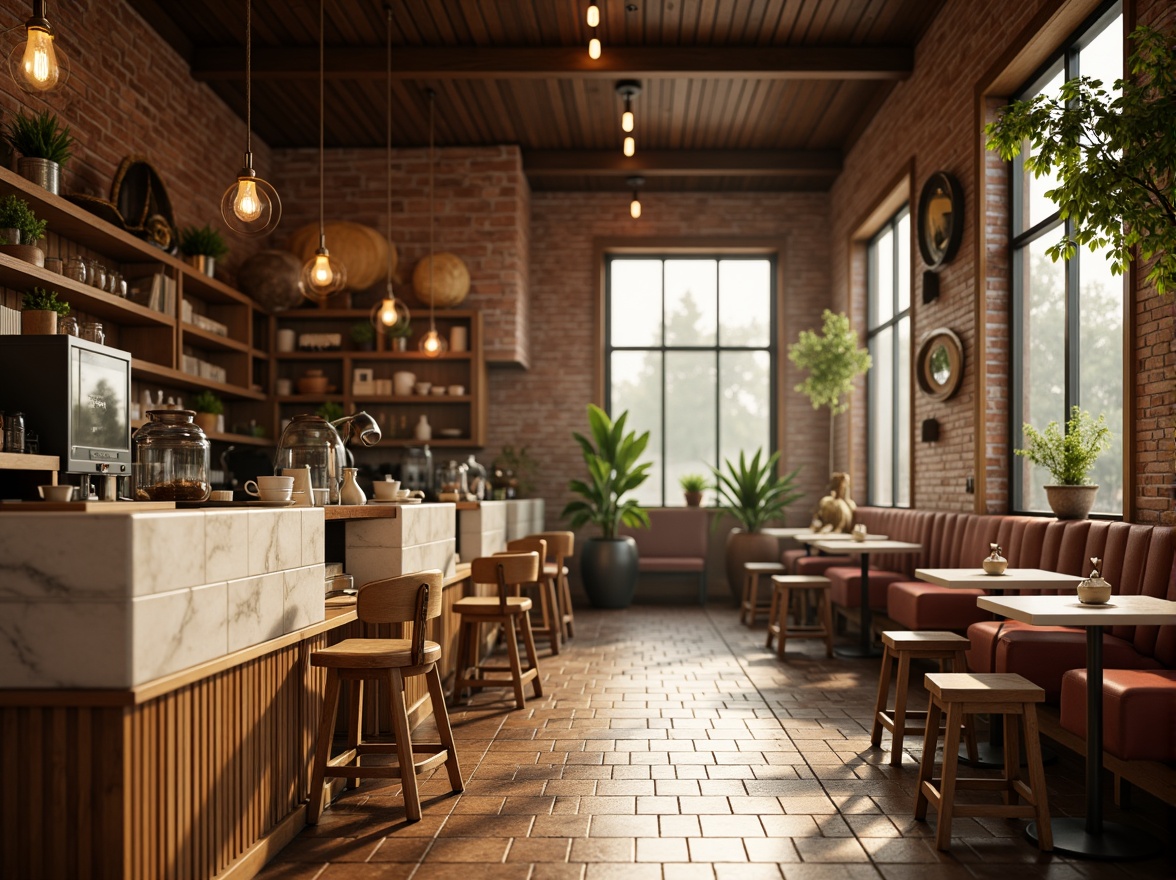 Prompt: Cozy coffee shop interior, warm earthy tones, rich brown wood accents, creamy white marble countertops, soft golden lighting, comfortable seating areas, rustic brick walls, vintage metal decorations, aromatic coffee scents, steamy milk textures, morning sunlight, shallow depth of field, 1/1 composition, realistic wood grains, ambient occlusion.