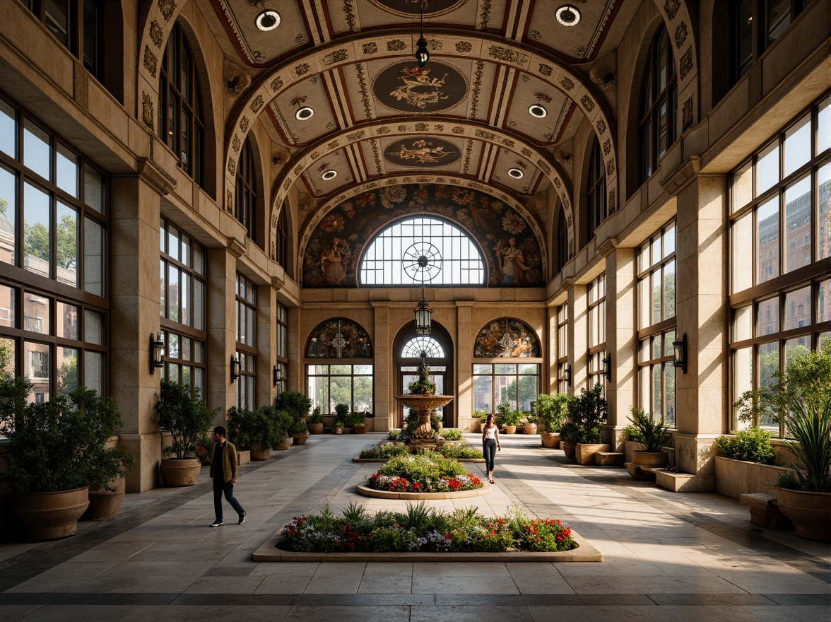 Prompt: Grand metro station, Romanesque architecture, ornate stone carvings, vaulted ceilings, stained glass windows, intricate mosaics, lush greenery, flower beds, ornamental fountains, decorative lampposts, curved benches, historic ambiance, soft warm lighting, shallow depth of field, 1/1 composition, symmetrical framing, realistic textures, ambient occlusion.