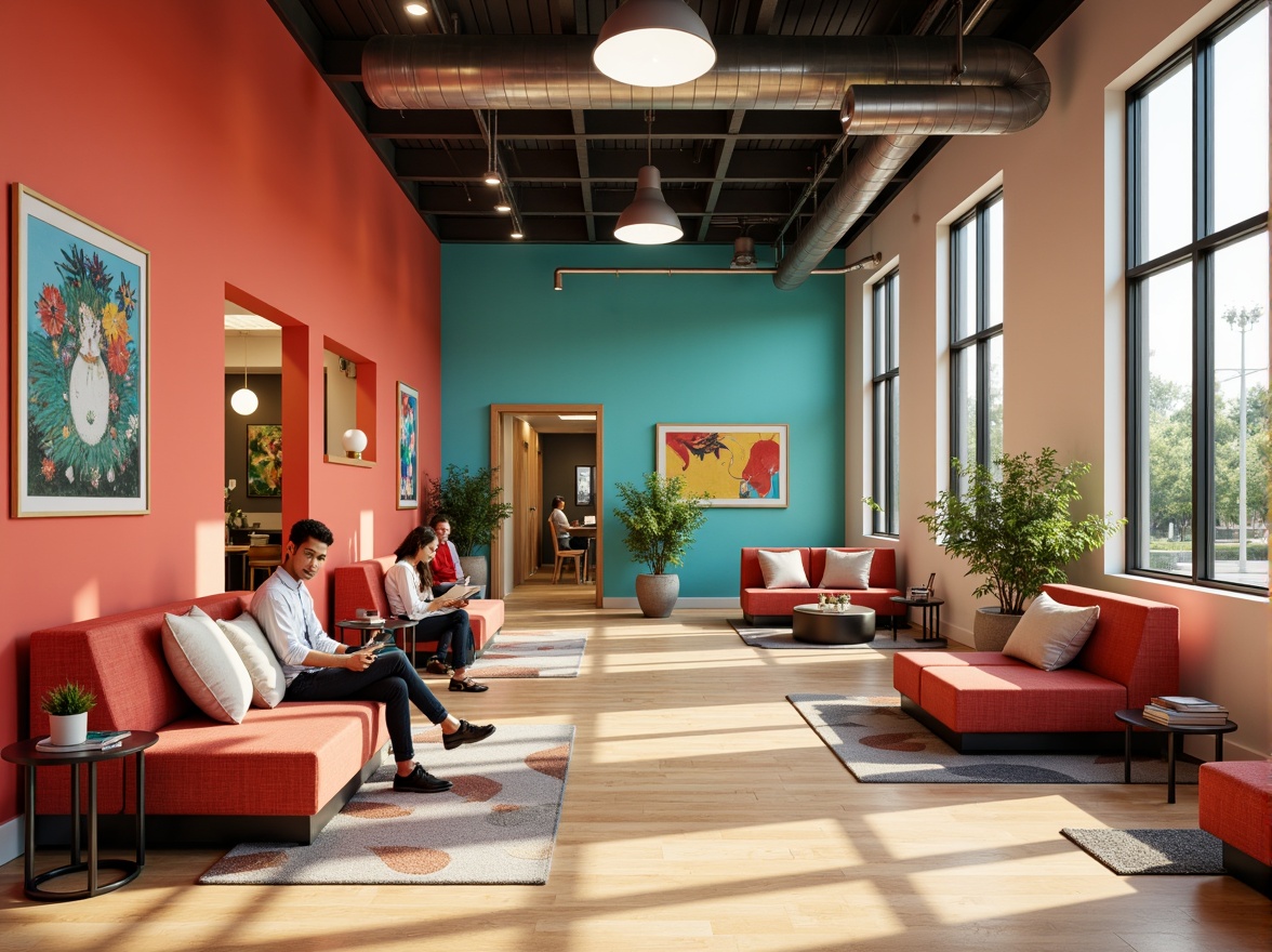 Prompt: Vibrant student hall, energetic atmosphere, modern furniture, bold color scheme, bright coral walls, calming turquoise accents, warm beige floors, natural wood tones, comfortable seating areas, collaborative study spaces, industrial-chic lighting fixtures, eclectic decorative artwork, lively greenery, playful patterned rugs, youthful energy, soft warm glow, shallow depth of field, 1/1 composition, realistic textures, ambient occlusion.