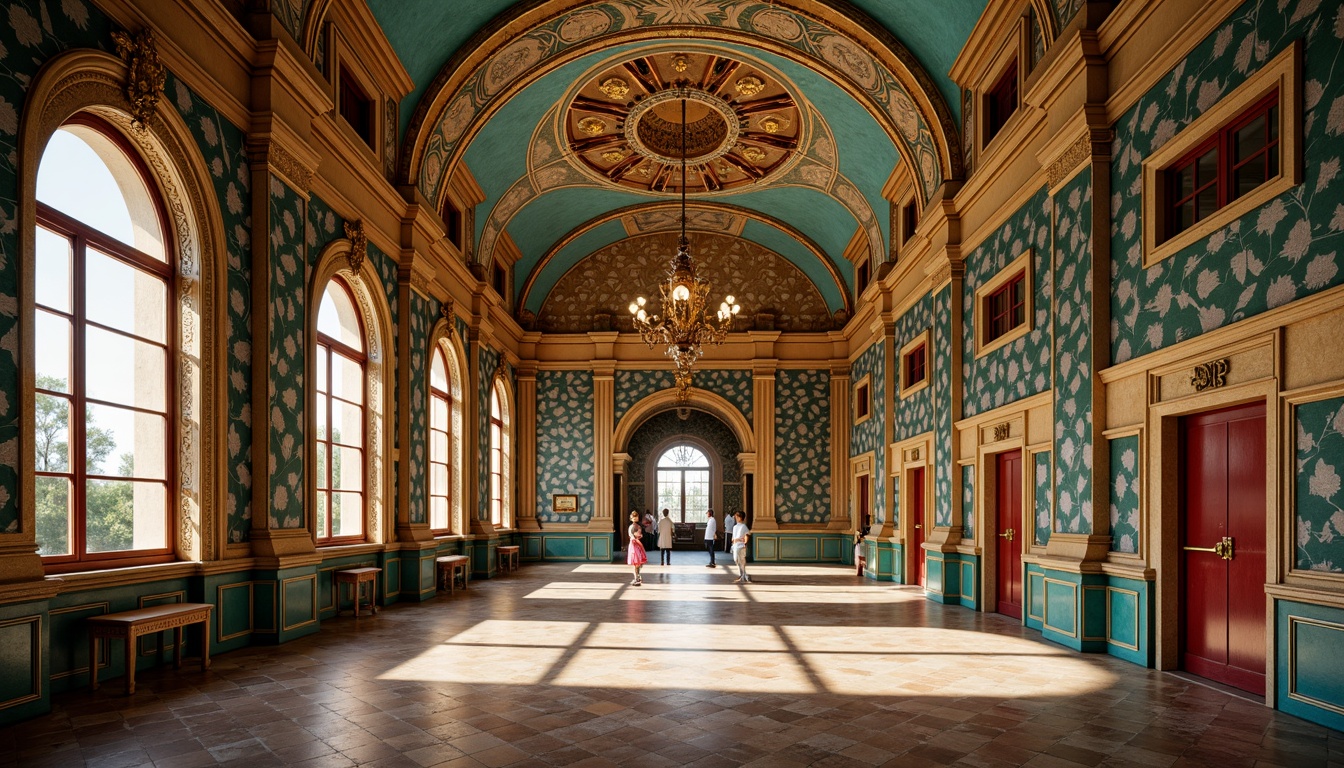 Prompt: Byzantine-inspired high school, ornate architectural details, rich jewel-toned colors, golden accents, vibrant turquoise, deep crimson, warm beige, intricate mosaics, ornamental columns, grand archways, lavish chandeliers, soft warm lighting, shallow depth of field, 1/1 composition, realistic textures, ambient occlusion.