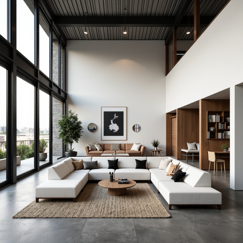 Prompt: Minimalist living room, sleek low-profile furniture, monochromatic color scheme, polished concrete floor, industrial metal beams, abundant natural light, floor-to-ceiling windows, sliding glass doors, cozy reading nook, minimalist artwork, geometric-shaped decor, hidden storage compartments, multi-functional furniture pieces, open-plan layout, airy atmosphere, soft warm lighting, shallow depth of field, 1/1 composition, realistic textures, ambient occlusion.