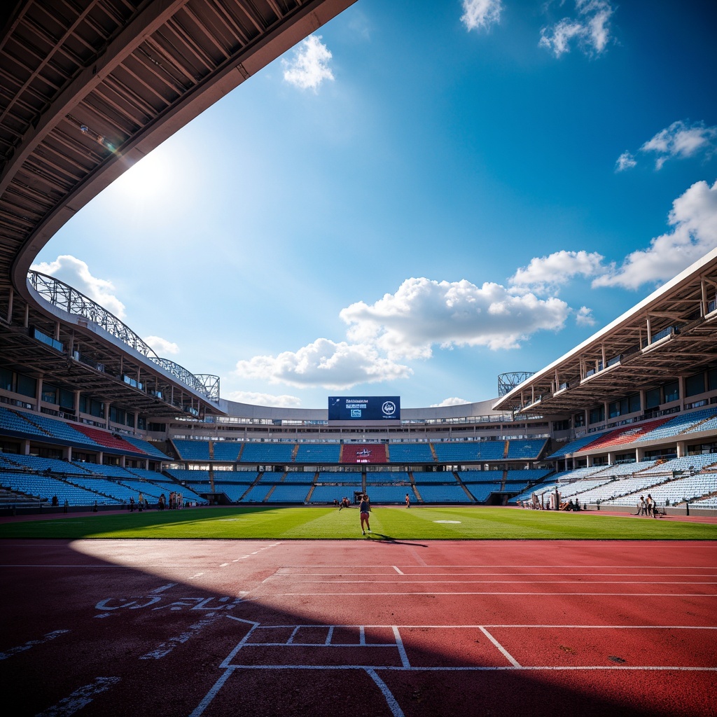 Prompt: Vibrant stadium exterior, bold color contrast, dynamic LED lighting, sleek modern architecture, grandstand seating, sports equipment, athletic tracks, scoreboard displays, bright sunny day, dramatic shading, high-contrast visual effects, 3/4 composition, low-angle shot, cinematic atmosphere, realistic textures, ambient occlusion.