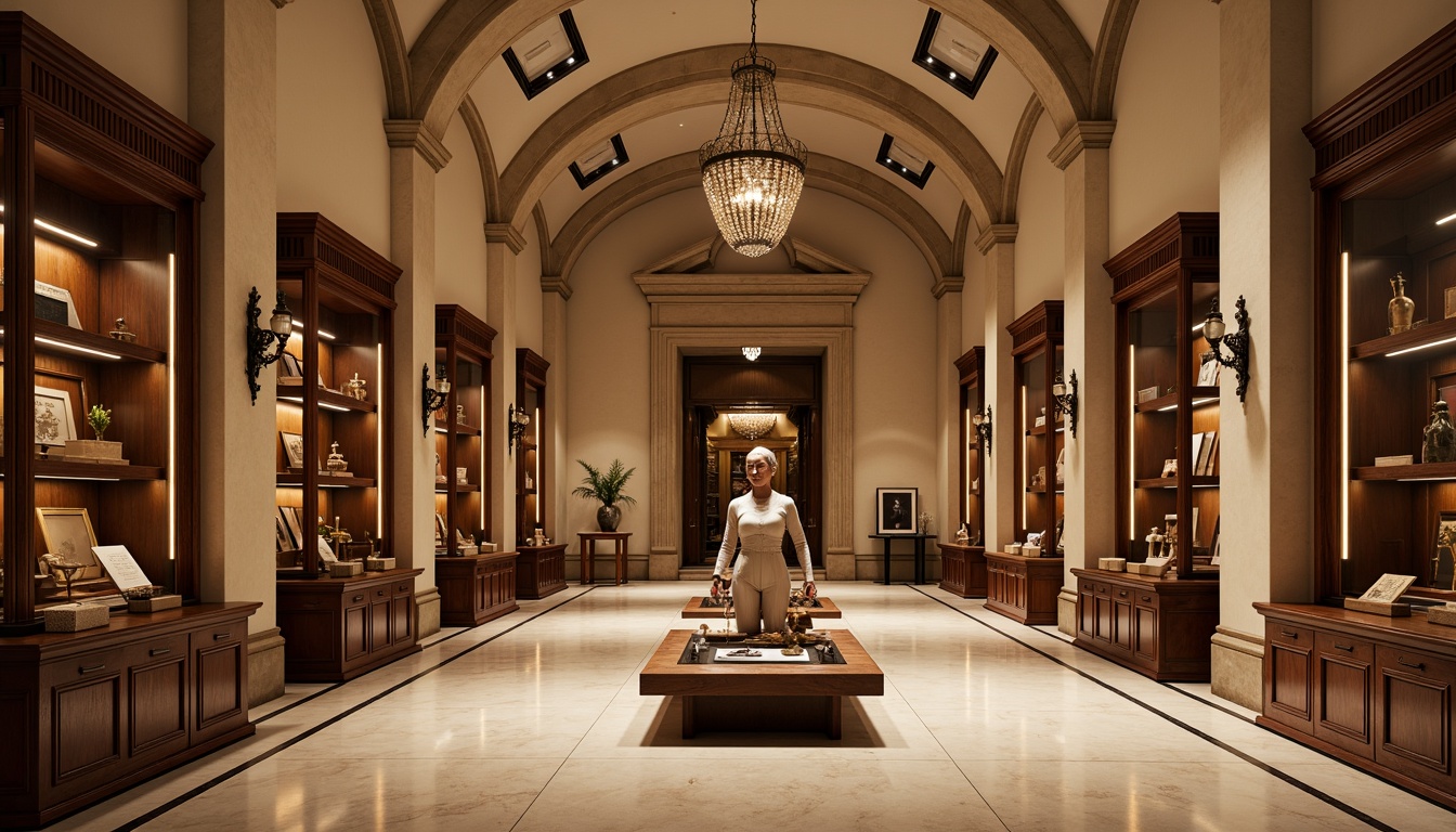 Prompt: Elegant museum interior, sophisticated academic style, warm beige walls, rich wood accents, polished marble floors, soft warm lighting, subtle shadows, dramatic spotlights, LED track lights, delicate glass shelves, ancient artifacts, precious relics, leather-bound tomes, ornate wooden cabinets, stately columns, vaulted ceilings, grand chandeliers, crystal pendants, refined metalwork, intricate moldings, ambient illumination, 1/2 composition, softbox lighting, realistic textures, subtle color grading.