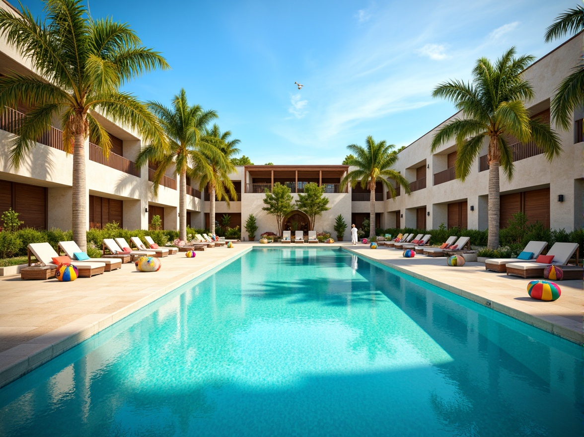 Prompt: Vibrant swimming pool, turquoise water, sun-kissed deck, sleek lounge chairs, colorful beach balls, tropical palm trees, warm sandy floors, modern vernacular architecture, natural stone walls, rustic wooden accents, bright blue skies, soft warm lighting, shallow depth of field, 3/4 composition, panoramic view, realistic textures, ambient occlusion.