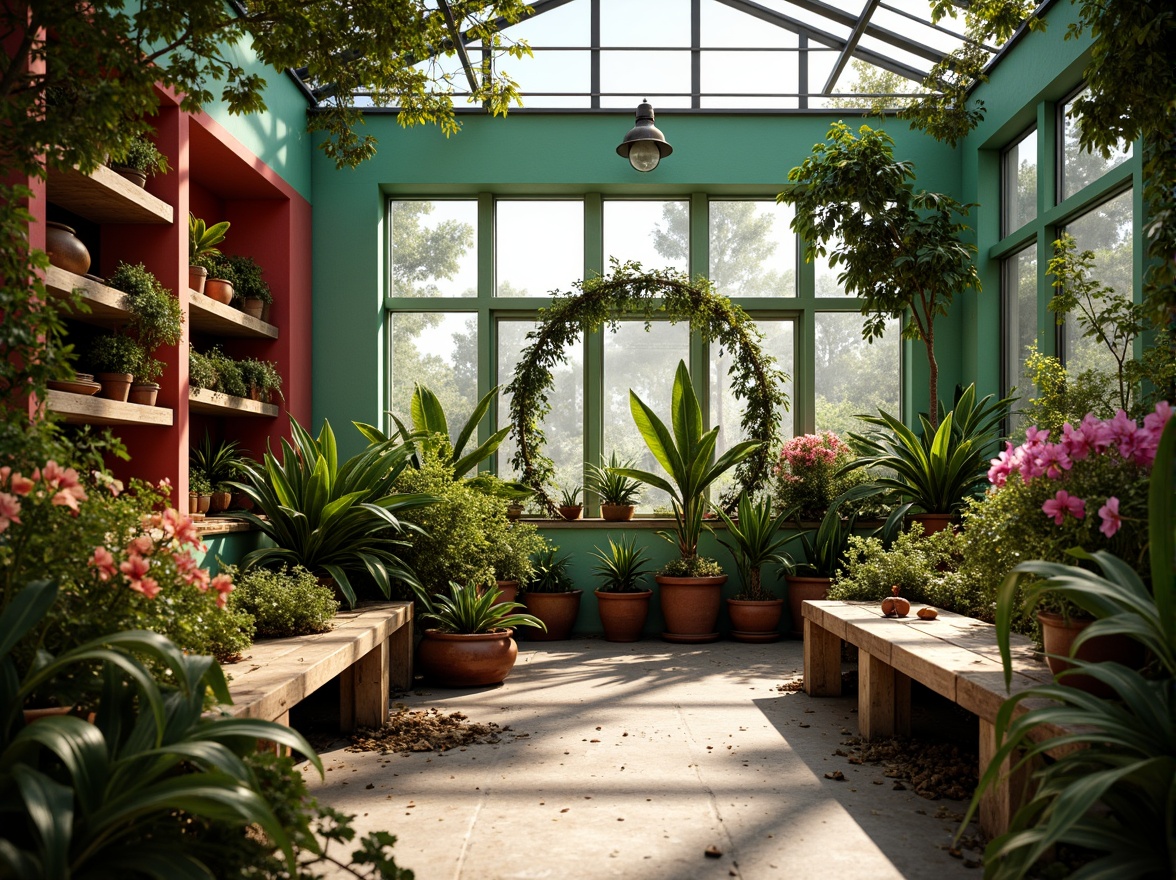 Prompt: Lush greenhouse interior, exotic plants, tropical flowers, warm natural light, misty atmosphere, rustic wooden benches, earthy terracotta pots, vibrant turquoise walls, bright coral accents, soft mint greenery, reclaimed wood shelves, metal trellises, dewy glass windows, lush foliage, blooming orchids, sunny afternoon, softbox lighting, 1/1 composition, realistic textures, ambient occlusion.