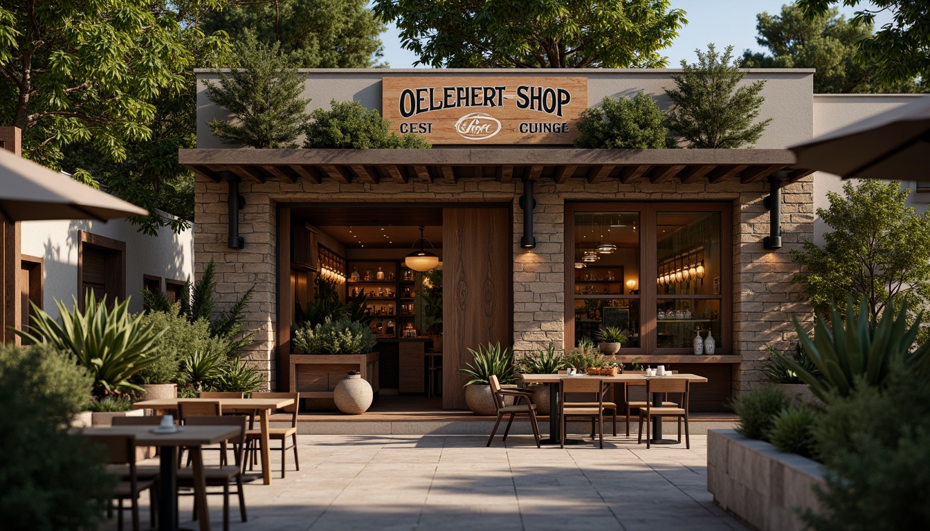 Prompt: Rustic coffee shop facade, regional architectural style, earthy tones, wooden accents, natural stone walls, exposed brickwork, vintage signage, metal lanterns, lush greenery, potted plants, warm outdoor seating, cozy ambiance, soft warm lighting, shallow depth of field, 3/4 composition, realistic textures, ambient occlusion.