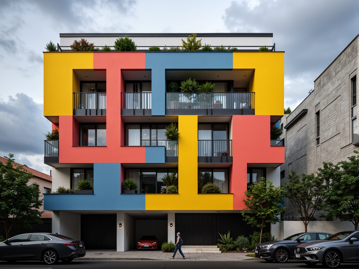 Prompt: Geometric facade, asymmetrical composition, bold color blocks, industrial materials, exposed ductwork, functional simplicity, rectangular windows, cantilevered balconies, abstract patterns, urban landscape, cloudy sky, dramatic shading, high-contrast lighting, 1/1 composition, symmetrical framing, architectural photography, realistic renderings, subtle textures, ambient occlusion.