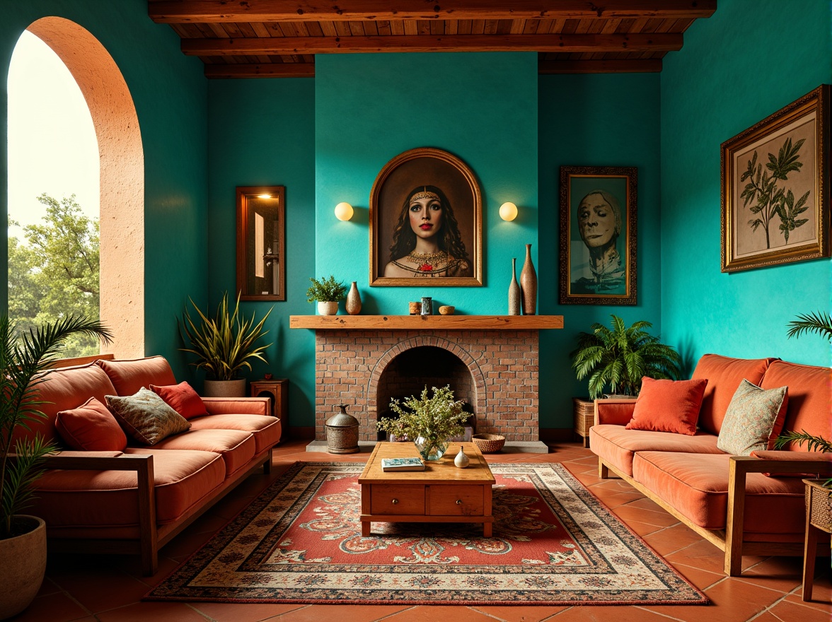 Prompt: Vibrant bohemian interior, rich turquoise walls, warm terracotta floors, distressed wooden accents, eclectic furniture pieces, plush velvet fabrics, Moroccan-inspired tiles, antique decorative items, lush greenery, natural light pouring in, warm golden hour, shallow depth of field, 1/1 composition, bold brushstrokes, textured finishes, ambient occlusion.