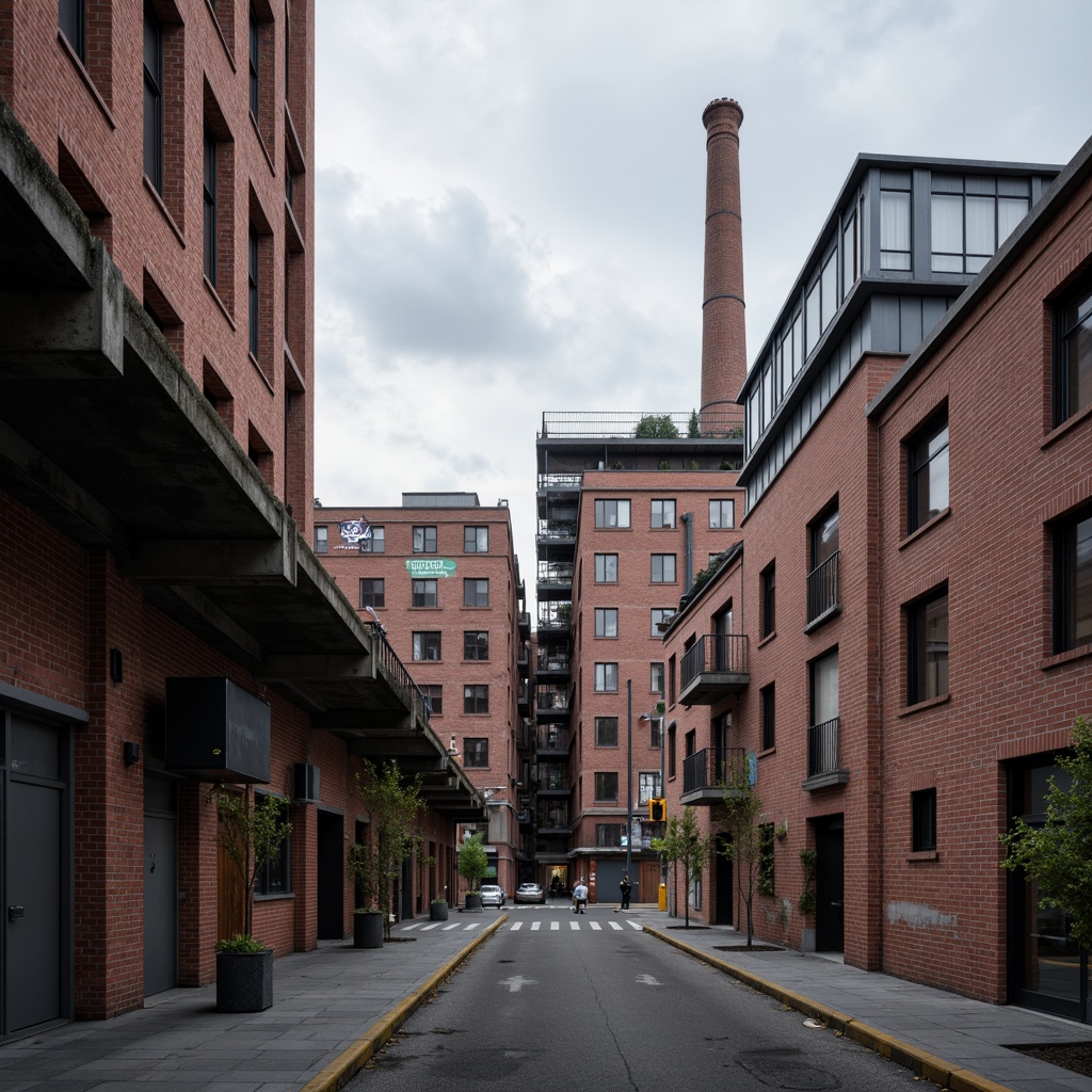 Prompt: Industrial-era factory buildings, exposed brick walls, steel frames, reinforced concrete structures, minimalist aesthetic, functional simplicity, primary color accents, bold typography, urban cityscape, cloudy grey skies, dramatic shadowing, high-contrast lighting, 1/2 composition, low-angle shot, gritty textures, ambient occlusion.