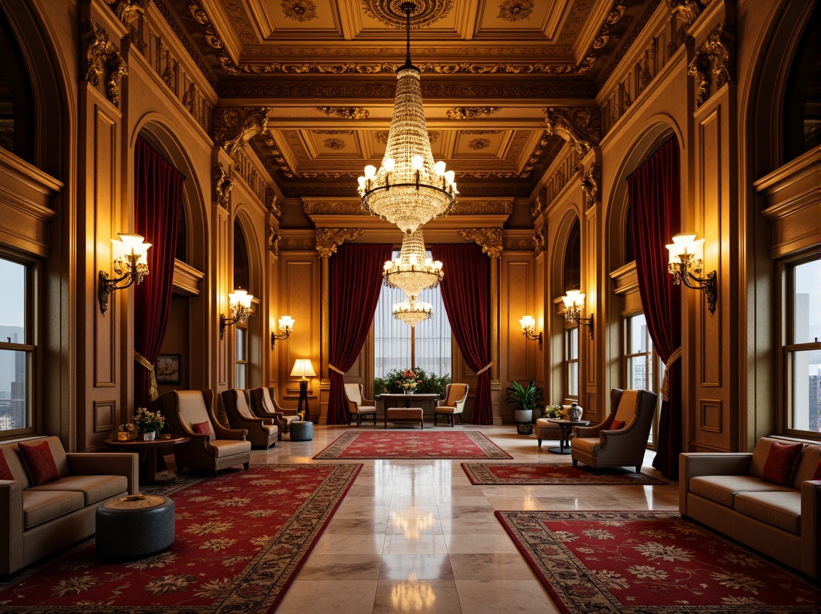 Prompt: Luxurious palace, grandiose architecture, intricately carved wooden doors, ornate gold fixtures, lavish chandeliers, velvet drapes, marble flooring, crystal chandeliers, opulent furnishings, regal throne-like chairs, richly patterned rugs, majestic staircases, Baroque-inspired motifs, dramatic lighting effects, warm golden color scheme, high-contrast textures, realistic reflections, shallow depth of field, 3/4 composition, symmetrical framing.