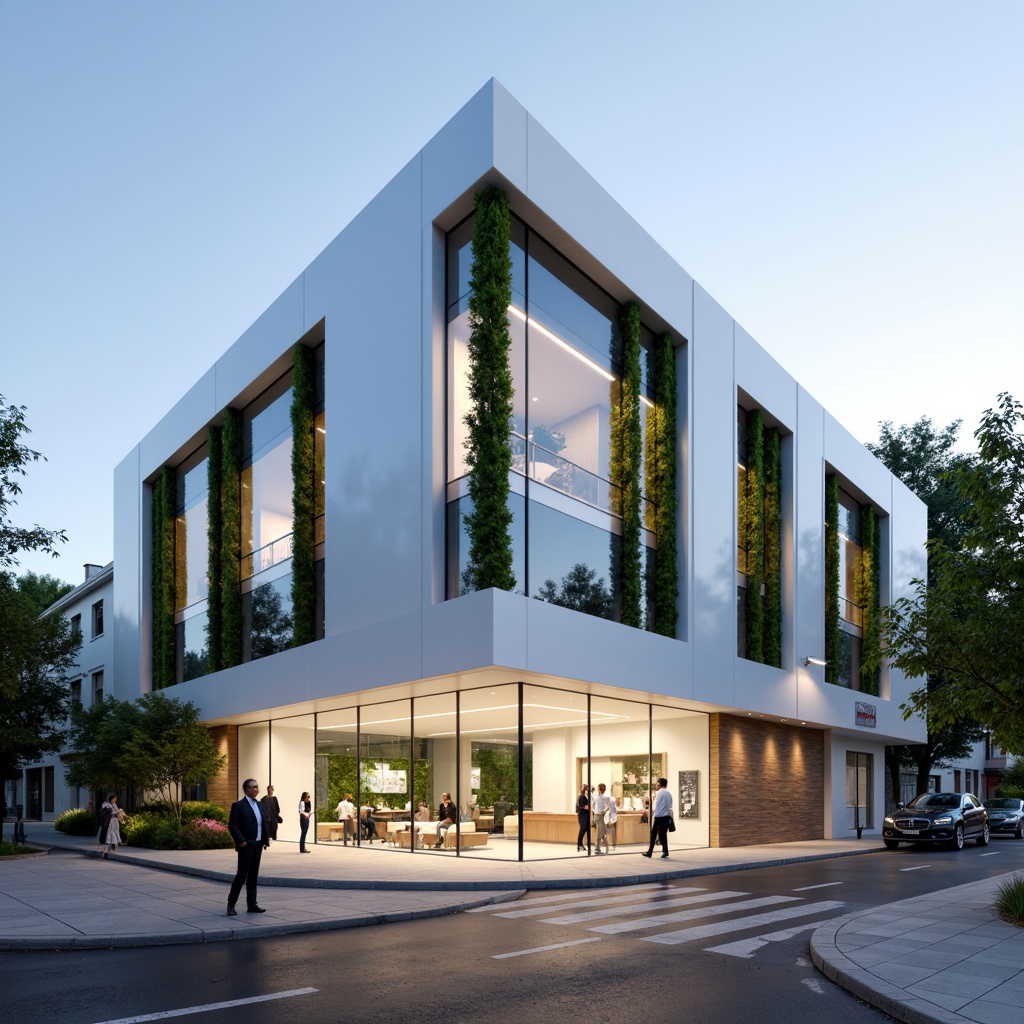 Prompt: Minimalist dental clinic facade, sleek glass surfaces, modern angular lines, calming white color scheme, subtle LED lighting, vertical green walls, natural stone cladding, cantilevered rooflines, futuristic metallic accents, transparent glass doors, inviting entranceways, serene urban surroundings, morning sunlight, shallow depth of field, 3/4 composition, panoramic view, realistic textures, ambient occlusion.