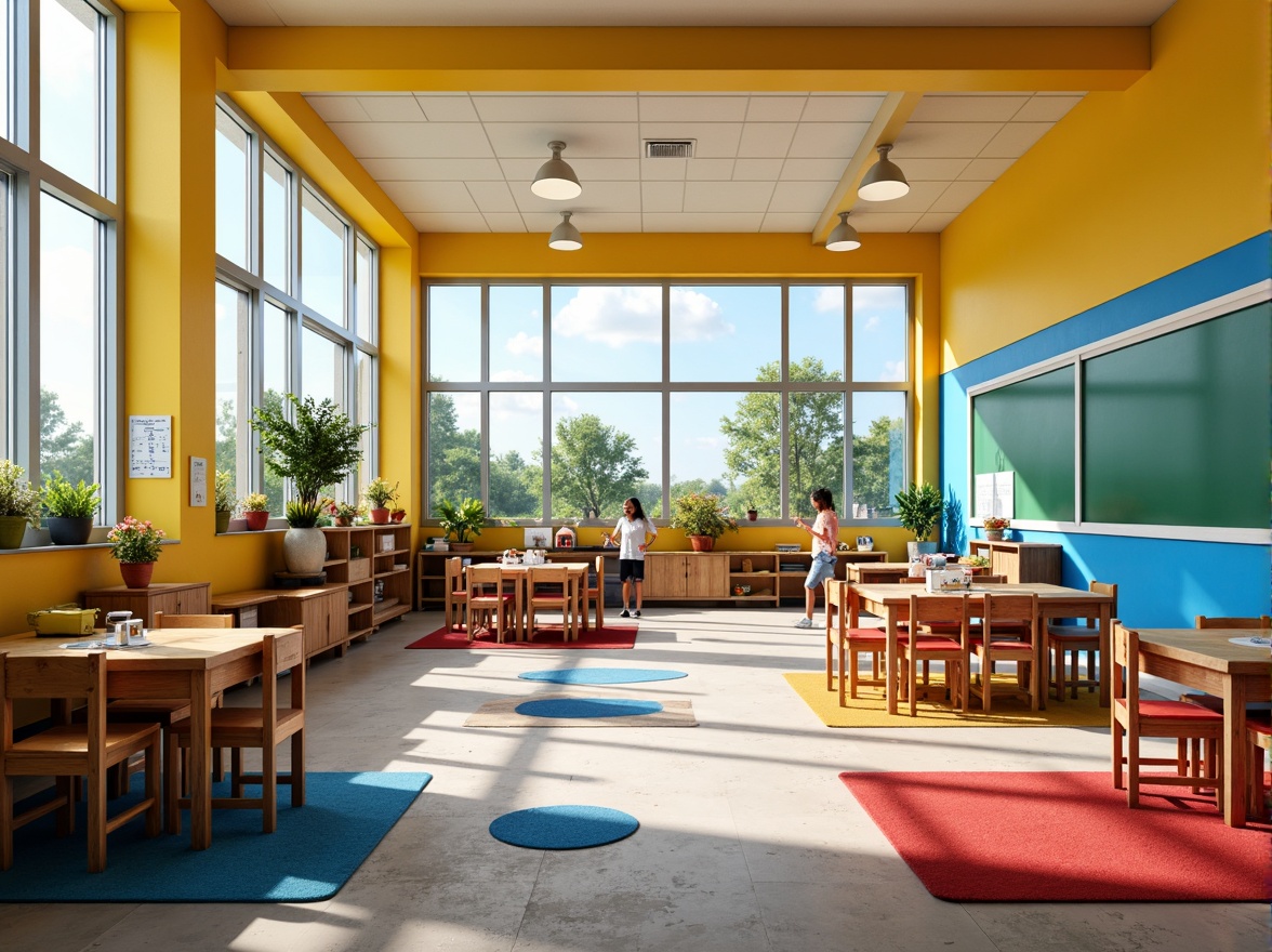 Prompt: Vibrant kindergarten classrooms, bright yellow walls, bold blue accents, playful red furniture, green chalkboards, colorful rugs, interactive whiteboards, wooden desks, ergonomic chairs, natural light pouring in, large windows, modern architecture, stimulating textures, shallow depth of field, 3/4 composition, panoramic view.