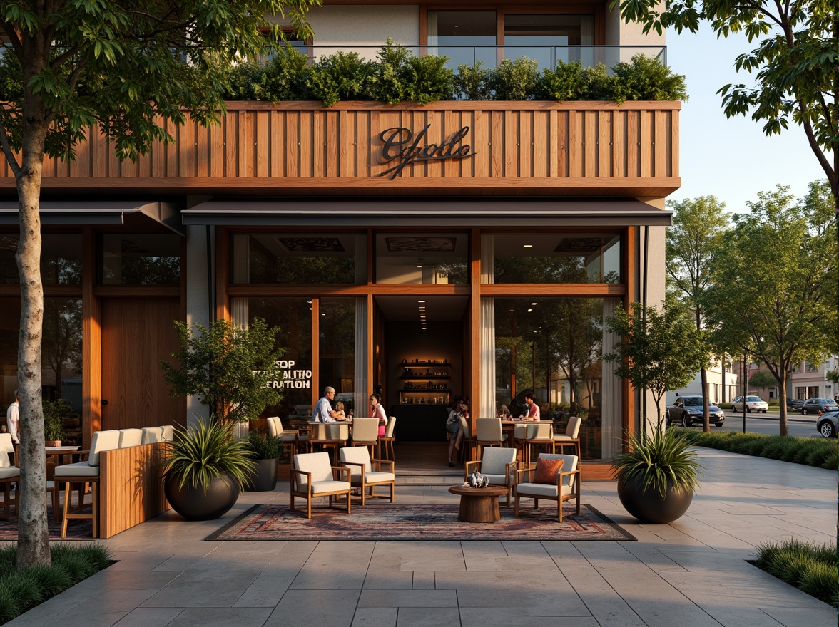 Prompt: Cozy coffee shop facade, rustic wooden accents, earthy tones, regional cultural patterns, vibrant color schemes, modern minimalist signage, floor-to-ceiling windows, warm natural lighting, comfortable outdoor seating, lush greenery, urban streetscape, morning sunlight, shallow depth of field, 2/3 composition, realistic textures, ambient occlusion.