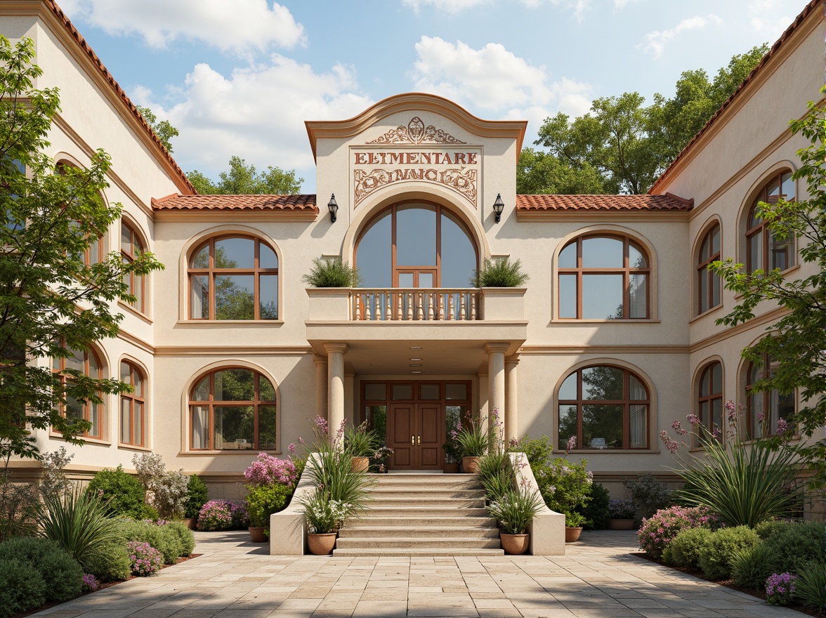 Prompt: Whimsical elementary school, vintage romanticism style, ornate facades, curved lines, soft pastel colors, floral patterns, grand entrance, arched windows, rustic stone walls, lush greenery, blooming flowers, natural wood accents, distressed textures, warm sunny day, soft warm lighting, shallow depth of field, 3/4 composition, panoramic view, realistic textures, ambient occlusion.