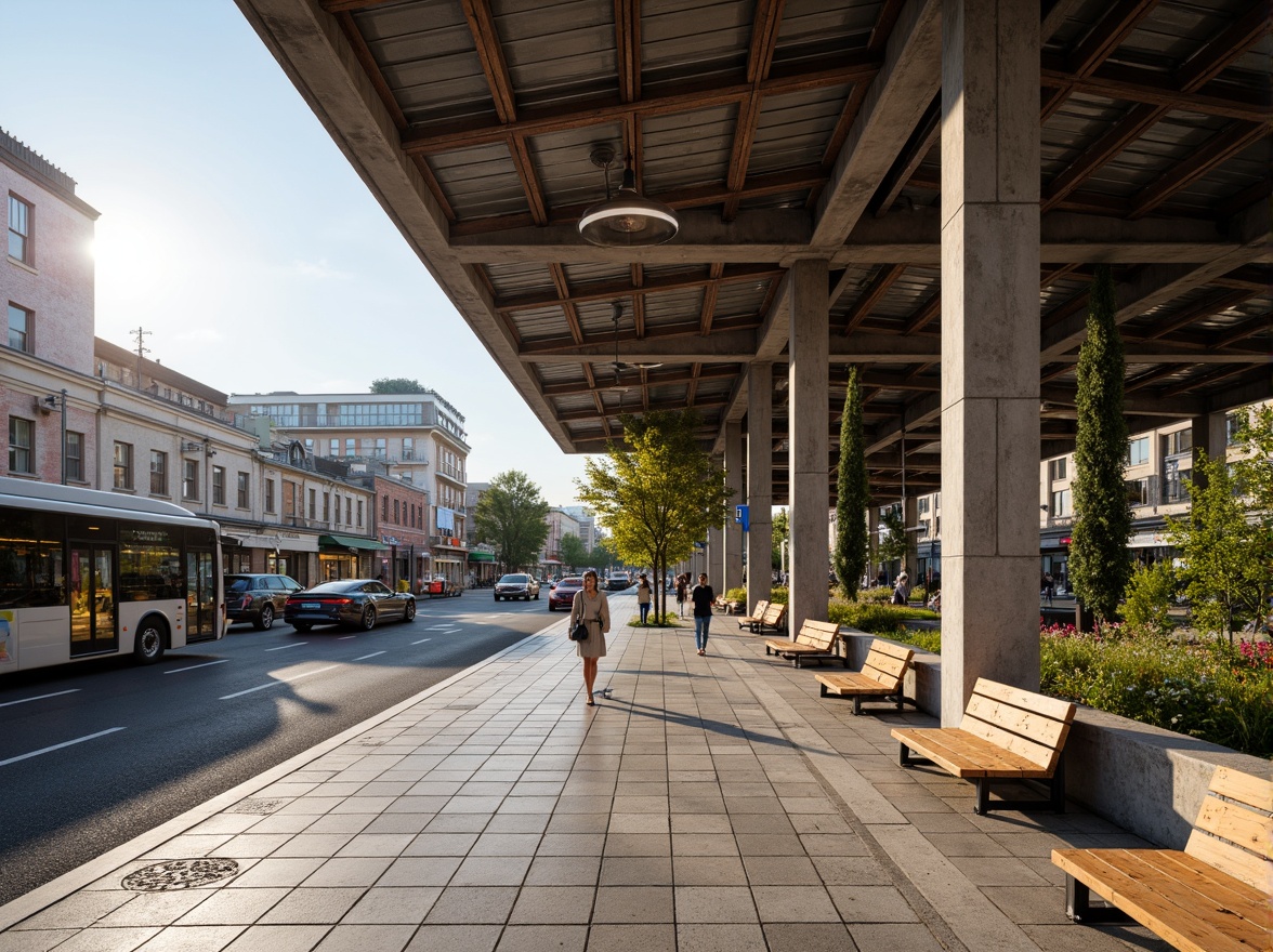 Prompt: Rustic bus station, industrial metal framework, concrete columns, wooden benches, urban cityscape, busy streets, natural stone flooring, glazed ceramic tiles, metallic roofing, angular lines, modern minimalist design, eco-friendly materials, energy-efficient systems, solar panels, green roofs, vibrant street art, bustling atmosphere, soft warm lighting, shallow depth of field, 3/4 composition, panoramic view, realistic textures, ambient occlusion.