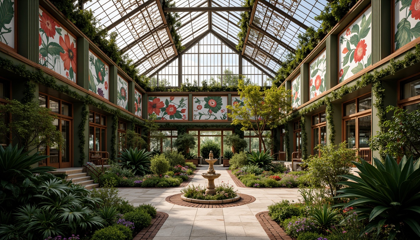 Prompt: Art Deco greenhouse, ornate metal framework, stained glass windows, vibrant botanical prints, lush greenery, exotic plants, geometric patterns, luxurious textiles, metallic accents, brass fixtures, marble flooring, ornamental fountains, natural stone pathways, warm ambient lighting, soft focus, shallow depth of field, 1/1 composition, symmetrical framing.