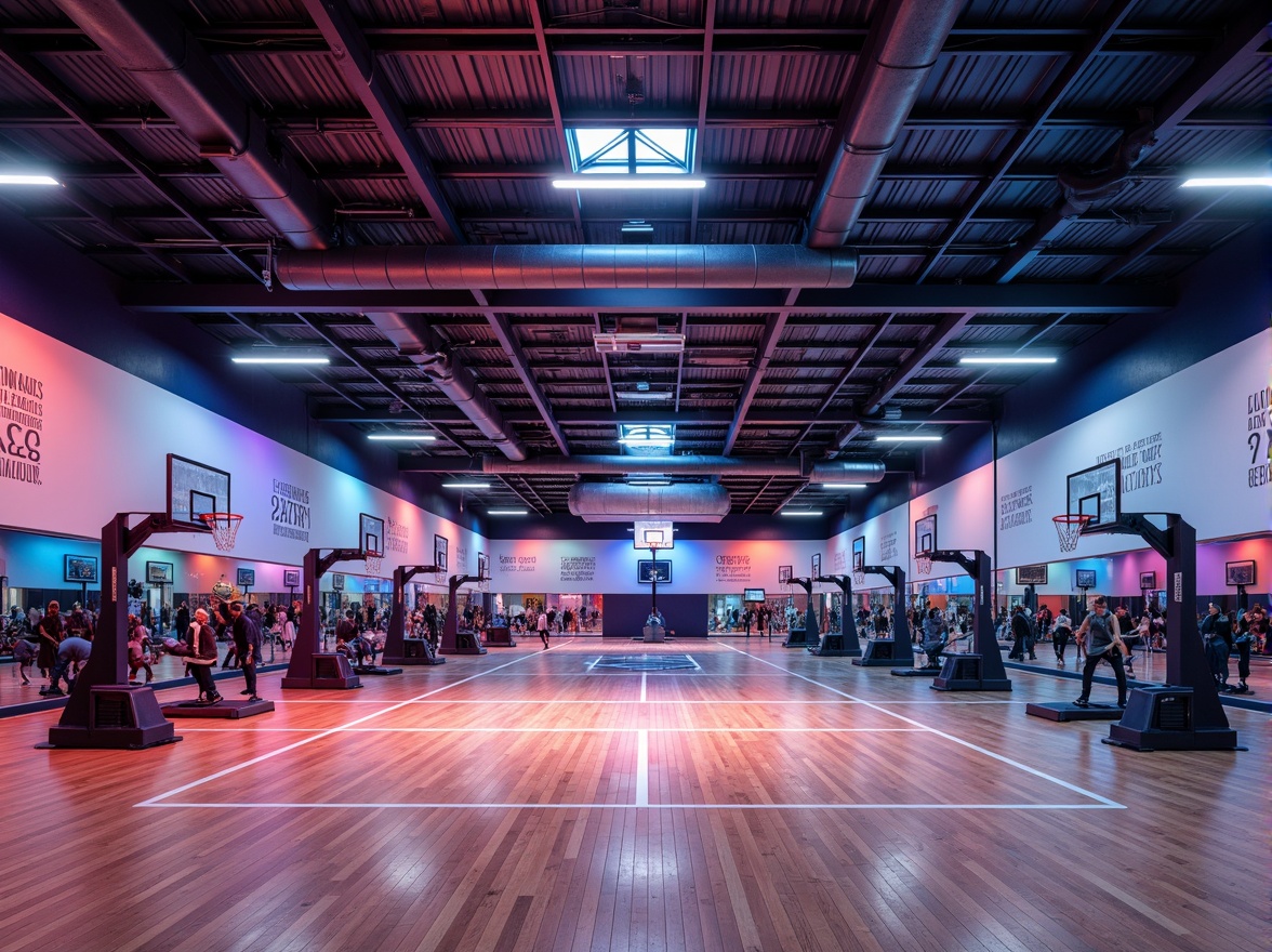 Prompt: Modern gymnasium interior, high ceilings, wooden flooring, athletic equipment, basketball hoops, exercise machines, mirrored walls, motivational quotes, bright overhead lighting, LED strip lights, color-changing ambiance, dynamic shadows, 1/2 composition, wide-angle lens, realistic reflections, ambient occlusion.