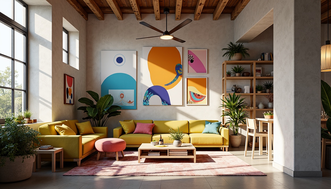 Prompt: Vibrant artistic studio, eclectic mix of colors, pastel hues, bold accents, rich textures, abstract artwork, modern furniture, sleek lines, minimalist decor, natural light pouring in, soft warm ambiance, 3/4 composition, shallow depth of field, realistic rendering, ambient occlusion.