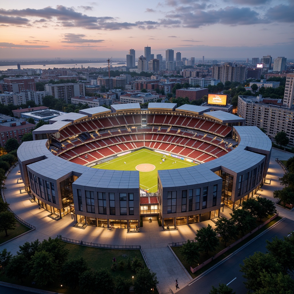 Prompt: Fragmented angular stadium structure, dynamic curved lines, fractured planes, irregular shapes, bold color contrasts, industrial materials, exposed ductwork, metal beams, concrete foundations, futuristic ambiance, high-tech amenities, retractable roofs, transparent glass fa\u00e7ades, cantilevered seating areas, asymmetrical compositions, dramatic shadows, intense spotlighting, atmospheric misting systems, urban landscape views, evening cityscape backdrops, warm golden lighting, shallow depth of field, 2/3 composition, wide-angle lens, realistic textures, ambient occlusion.