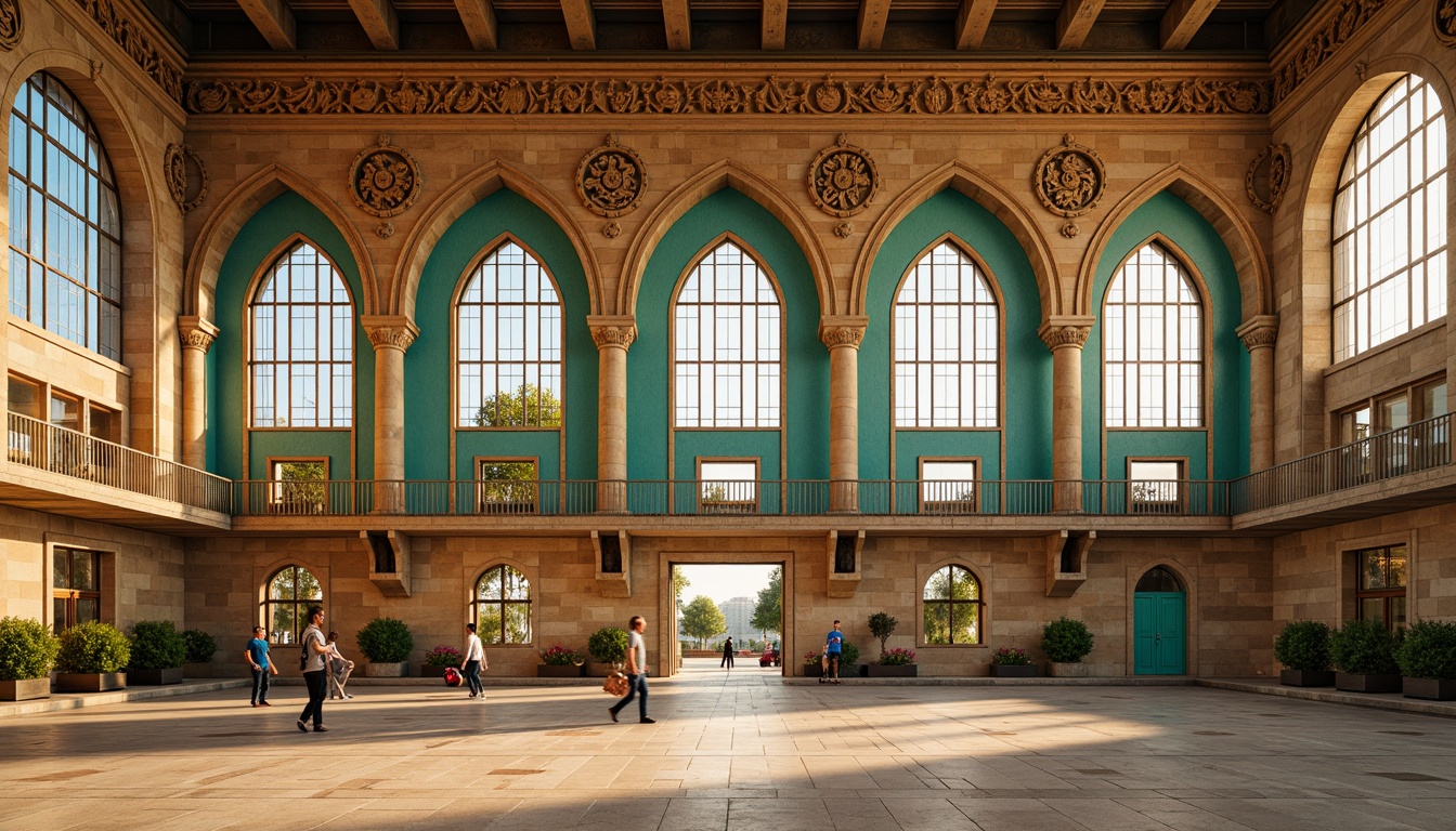 Prompt: Byzantine-inspired gymnasium facade, ornate stone carvings, intricate mosaics, grand arches, domed structures, vibrant turquoise accents, golden lighting, warm beige stonework, modern athletic equipment, sleek metal railings, large windows, stained glass details, ornamental columns, symmetrical composition, soft warm lighting, shallow depth of field, 1/1 aspect ratio, realistic textures, ambient occlusion.