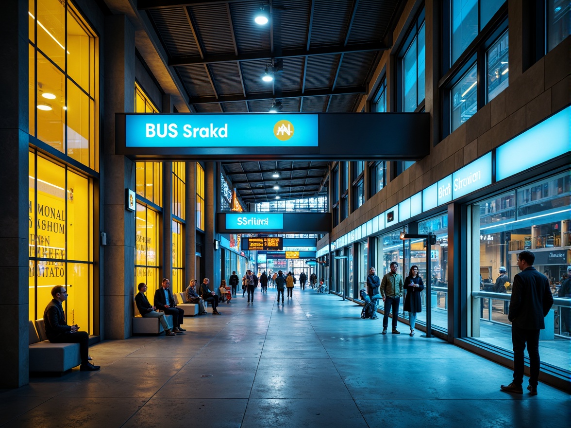 Prompt: Vibrant bus station, urban cityscape, modern architecture, bright LED signage, sleek metal columns, concrete floors, dynamic color scheme, bold primary colors, energetic yellow accents, deep blue hues, neutral beige tones, futuristic design elements, abstract patterned glass, angular steel beams, high-contrast lighting, shallow depth of field, 2/3 composition, wide-angle lens, realistic reflections, ambient occlusion.