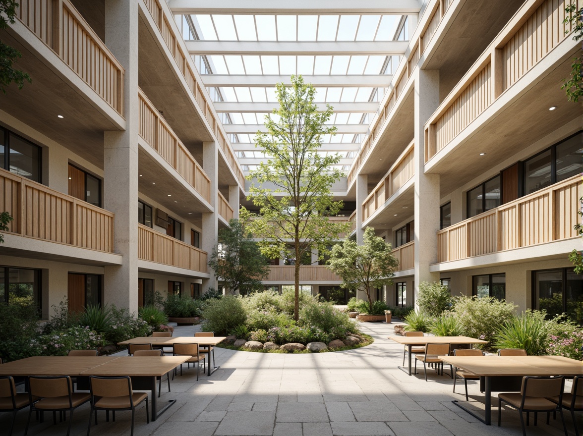 Prompt: Spacious classrooms, large windows, clerestory roofs, skylights, translucent walls, natural stone floors, wooden accents, greenery-filled courtyards, open-air corridors, minimalist interior design, soft warm lighting, shallow depth of field, 3/4 composition, panoramic view, realistic textures, ambient occlusion.