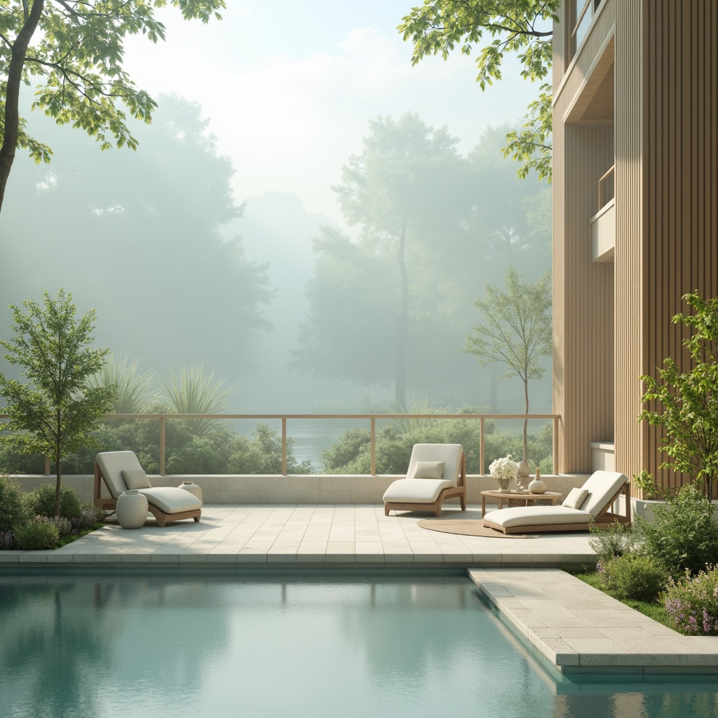 Prompt: Calming serene atmosphere, soft pale blue hues, gentle creamy whites, soothing sage greens, warm beige tones, natural wood accents, subtle texture overlays, misty morning light, shallow depth of field, 1/2 composition, panoramic view, realistic reflections, ambient occlusion.