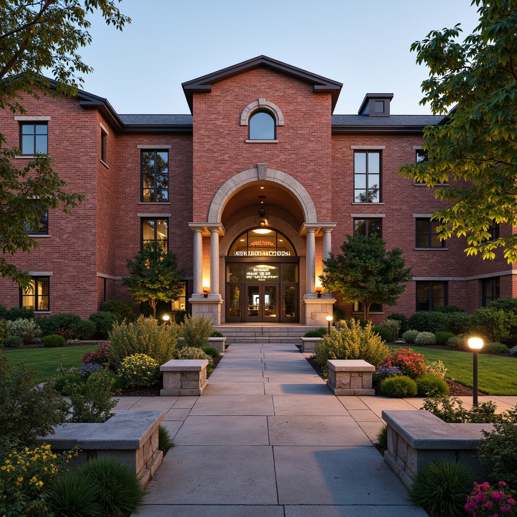 Prompt: Traditional high school building, rustic brick facade, ornate entrance archways, sturdy columns, earthy red tones, weathered stone foundations, lush greenery, vibrant flowers, educational signage, modernized classrooms, abundant natural light, warm atmospheric lighting, shallow depth of field, 3/4 composition, realistic textures, ambient occlusion.