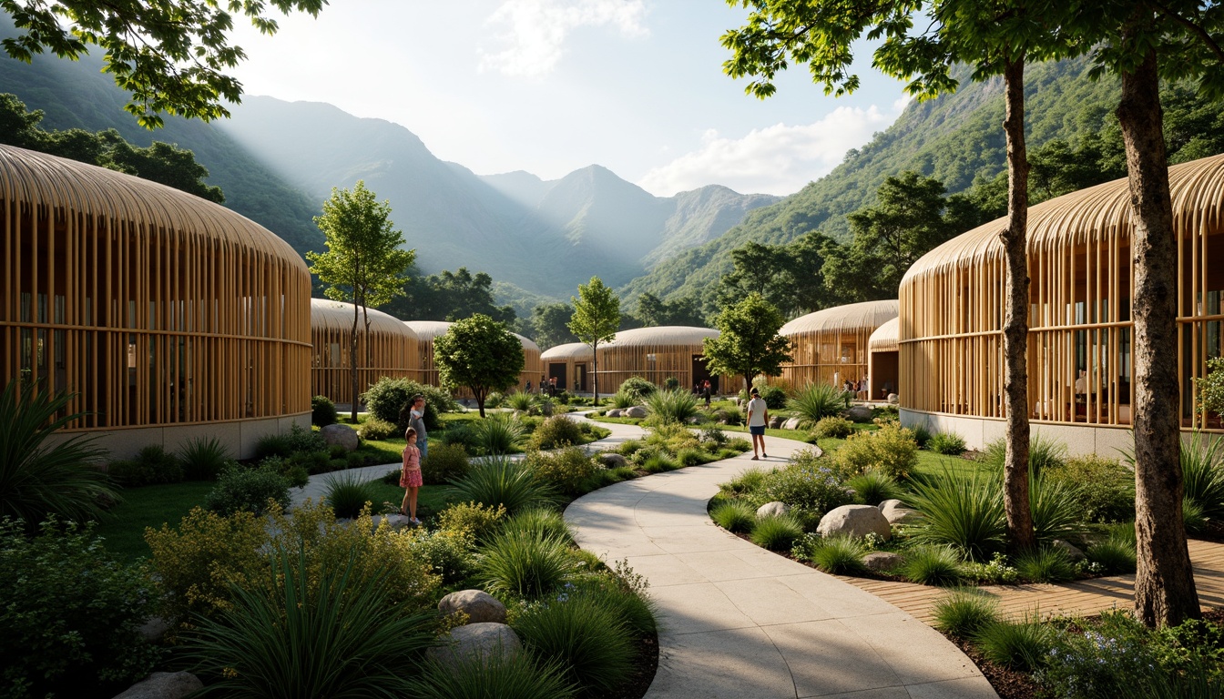 Prompt: Eco-friendly bamboo structures, natural textures, earthy tones, organic forms, sustainable materials, renewable resources, tropical environments, lush greenery, misty mountains, warm soft lighting, shallow depth of field, 1/2 composition, serene atmosphere, realistic details, ambient occlusion, rustling sounds, gentle breezes.