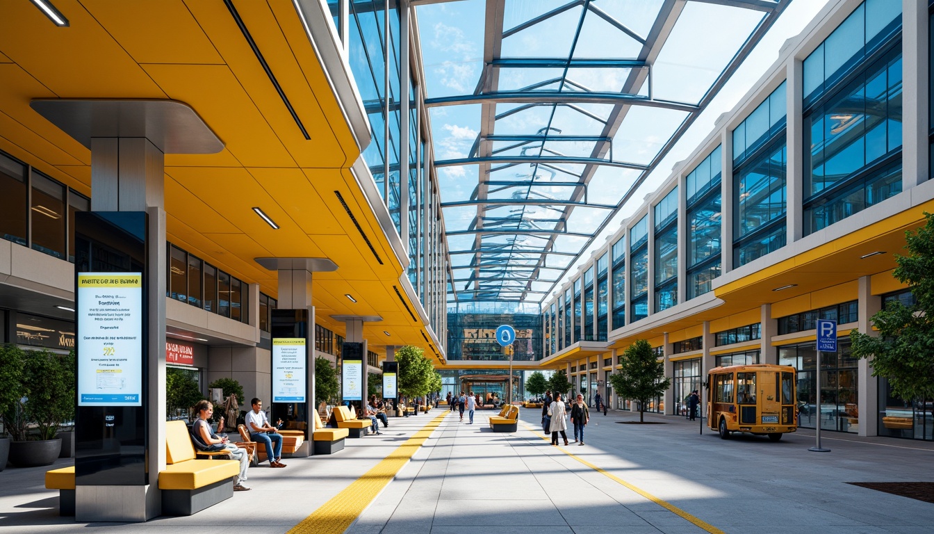 Prompt: Vibrant bus station, urban atmosphere, modern architecture, curved lines, stainless steel accents, bold typography, LED lighting, glass roofs, polished concrete floors, dynamic color scheme, bright yellow, deep blue, energetic orange, neutral beige, functional seating areas, electronic displays, real-time information systems, efficient navigation signs, safety cameras, comfortable waiting zones, natural ventilation systems, overhead skylights, 1/2 composition, softbox lighting, realistic materials.